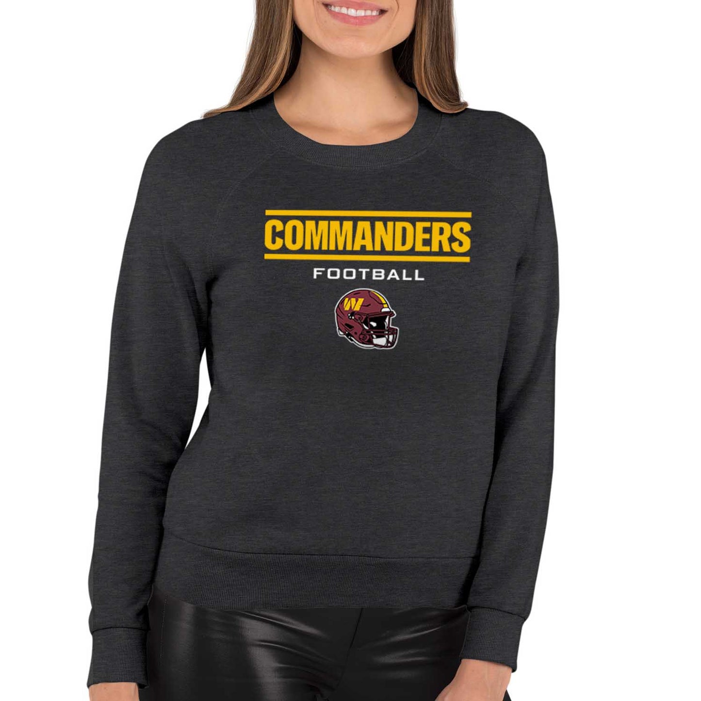 Washington Commanders Women's NFL Football Helmet Charcoal Slouchy Crewneck -Tagless Lightweight Pullover - Charcoal