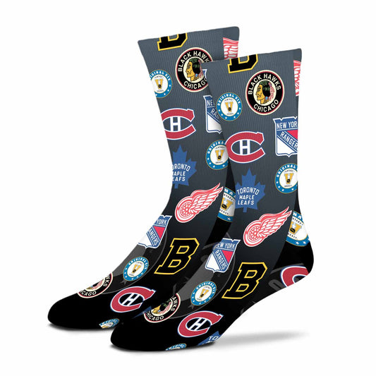 Original Six Youth NHL Original 6 All Over Logo Crew Socks - Black