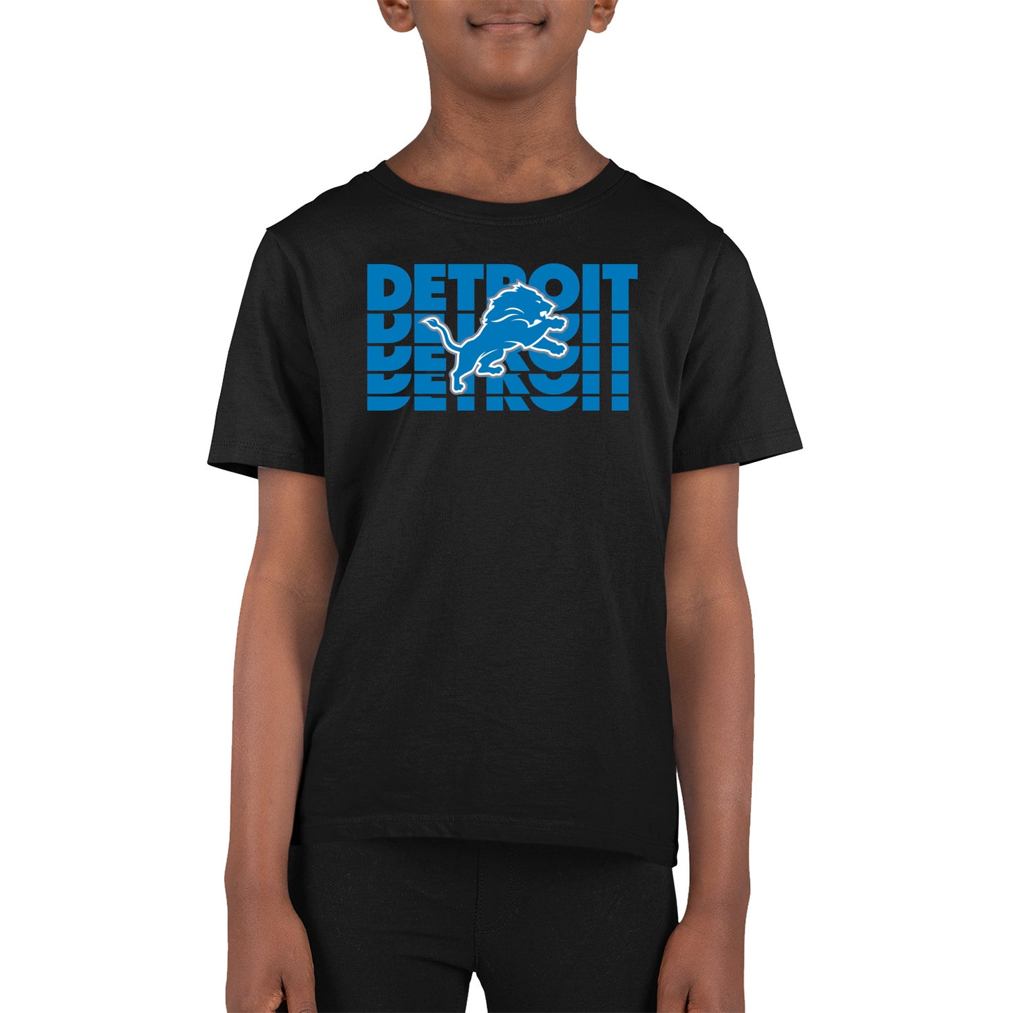 Detroit Lions NFL Youth Repeating Logo Football T-Shirt Unisex Tag Free Comfortable - Black