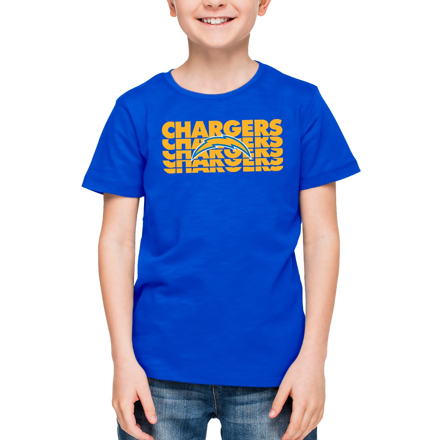 Los Angeles Chargers NFL Youth Repeating Logo Football T-Shirt Unisex Tag Free Comfortable - Royal