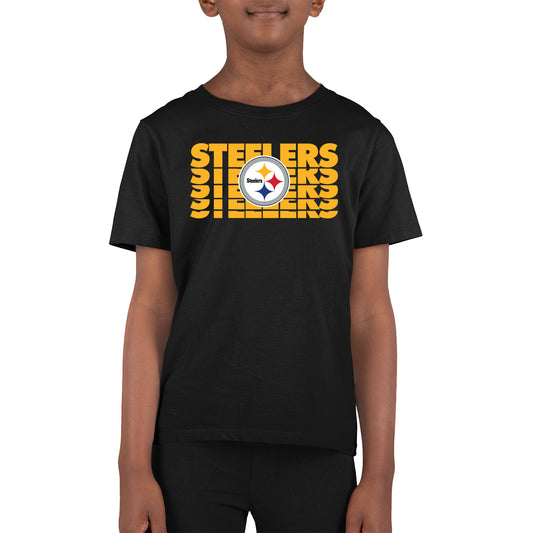 Pittsburgh Steelers NFL Youth Repeating Logo Football T-Shirt Unisex Tag Free Comfortable - Black