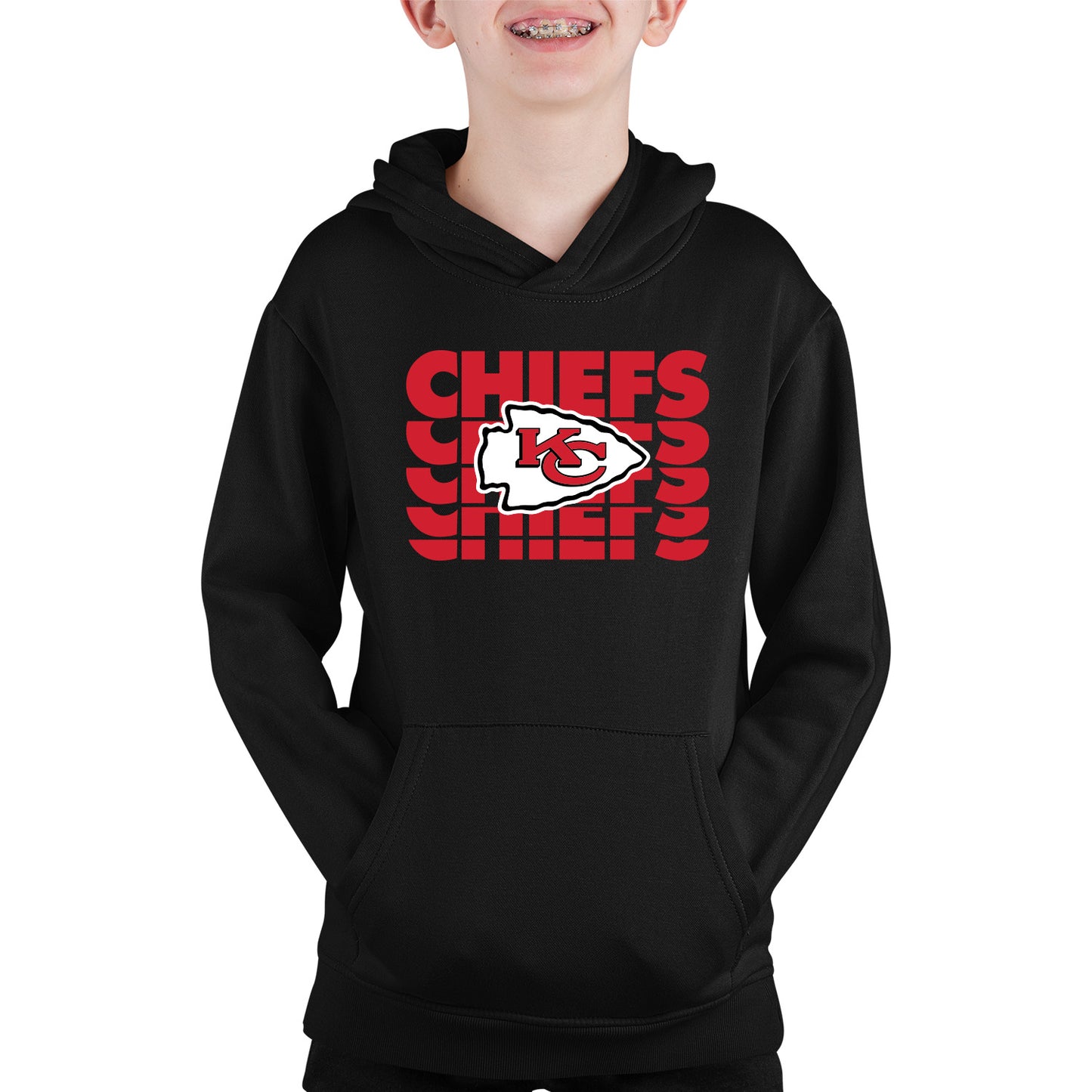 Kansas City Chiefs NFL Youth Repeating Logo Football Fleece Hooded Sweatshirt - Black