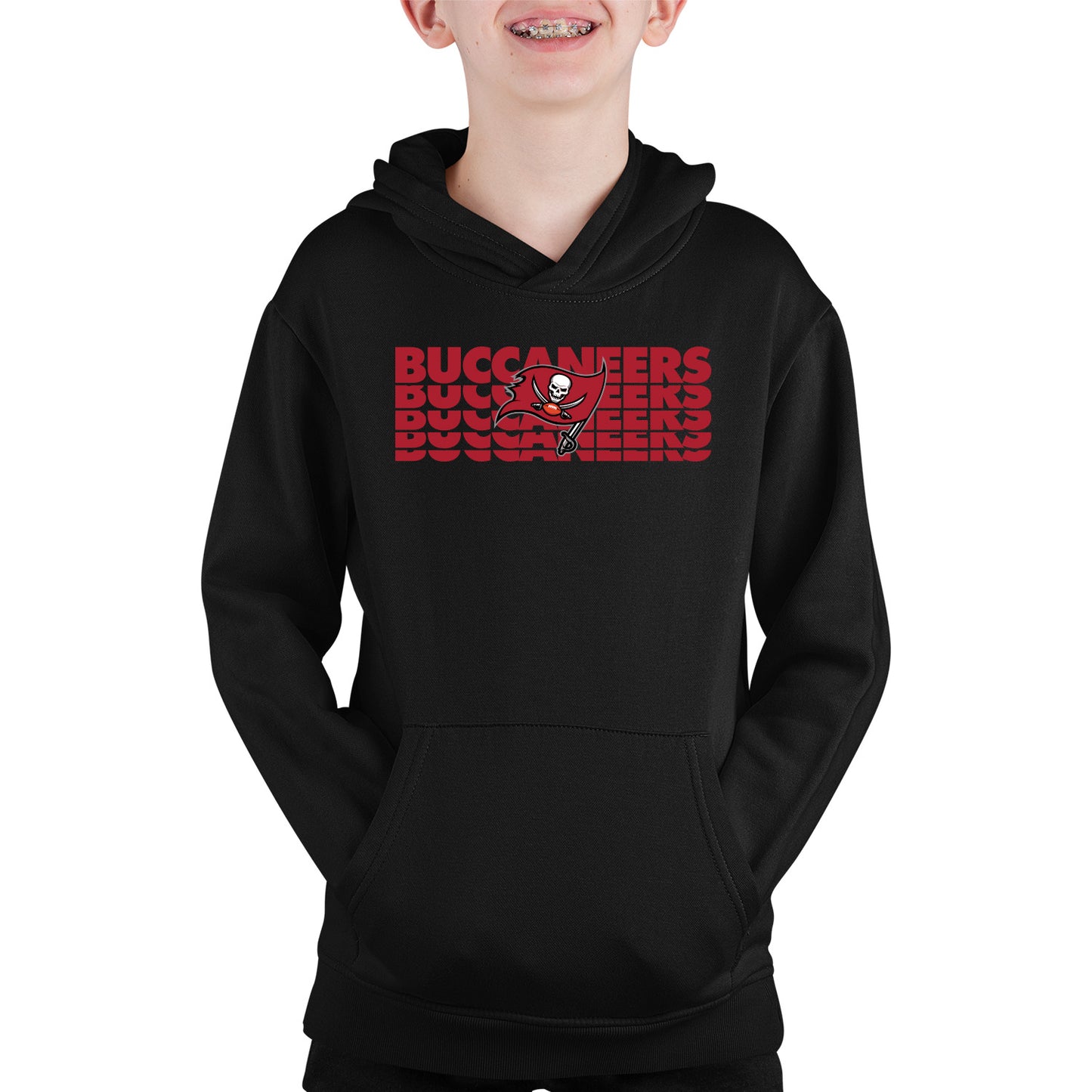 Tampa Bay Buccaneers NFL Youth Repeating Logo Football Fleece Hooded Sweatshirt - Black