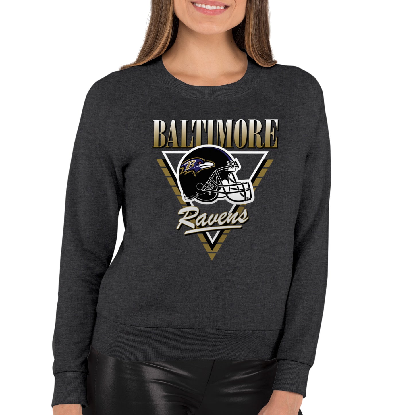 Baltimore Ravens NFL Womens Retro Triangle Slouchy Crewneck - Heather Charcoal