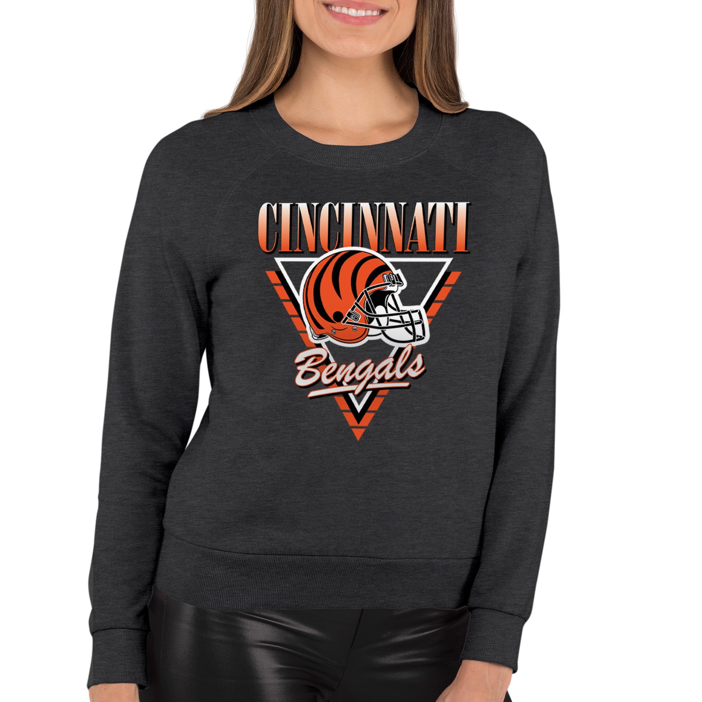 Cincinnati Bengals NFL Womens Retro Triangle Slouchy Crewneck - Heather Charcoal