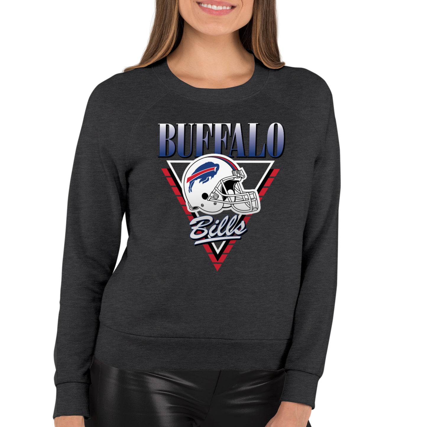 Buffalo Bills NFL Womens Retro Triangle Slouchy Crewneck - Heather Charcoal