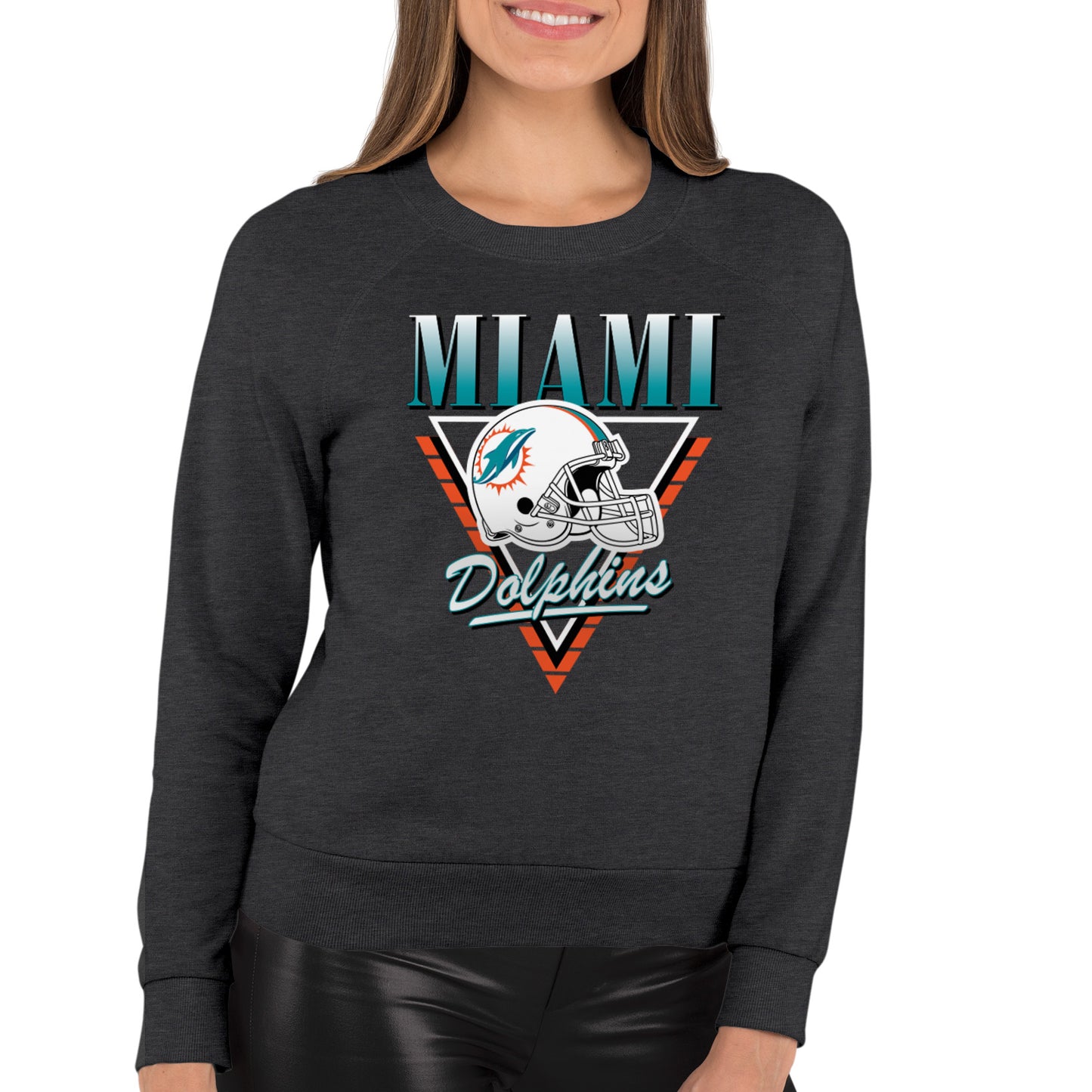 Miami Dolphins NFL Womens Retro Triangle Slouchy Crewneck - Heather Charcoal