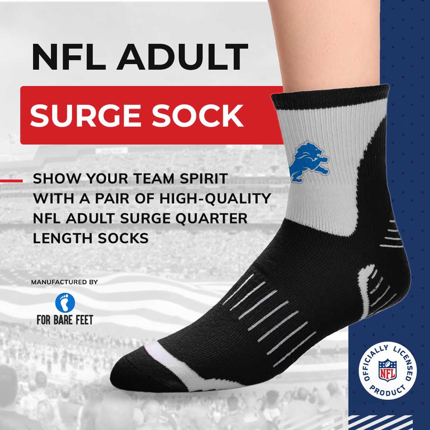 Detroit Lions NFL Performance Quarter Length Socks - Black