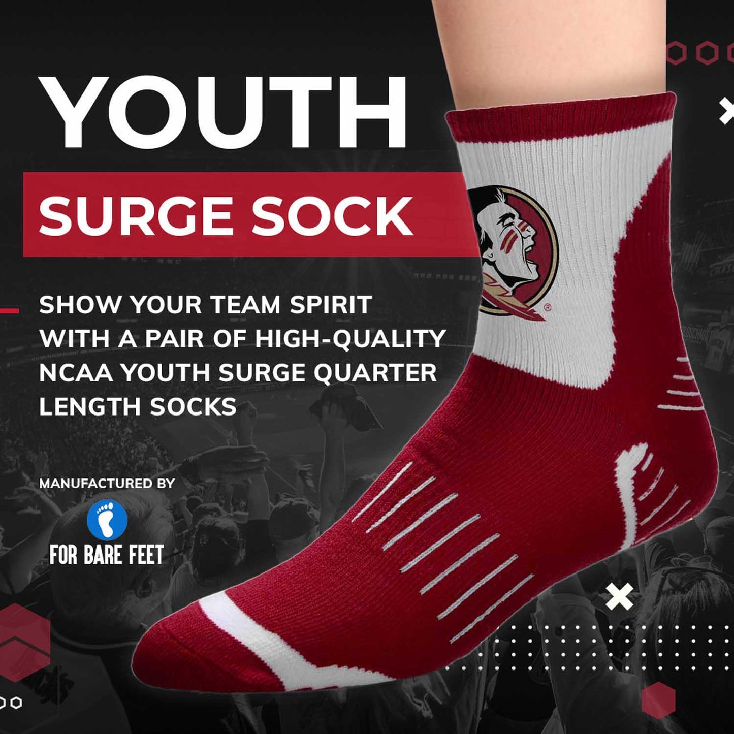 Florida State Seminoles NCAA Youth Surge Team Mascot Quarter Socks - Maroon