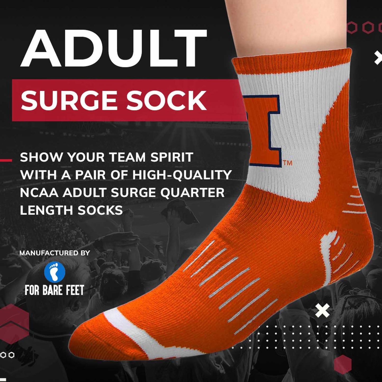Illinois Fighting Illini Adult NCAA Surge Quarter Length Crew Socks - Orange