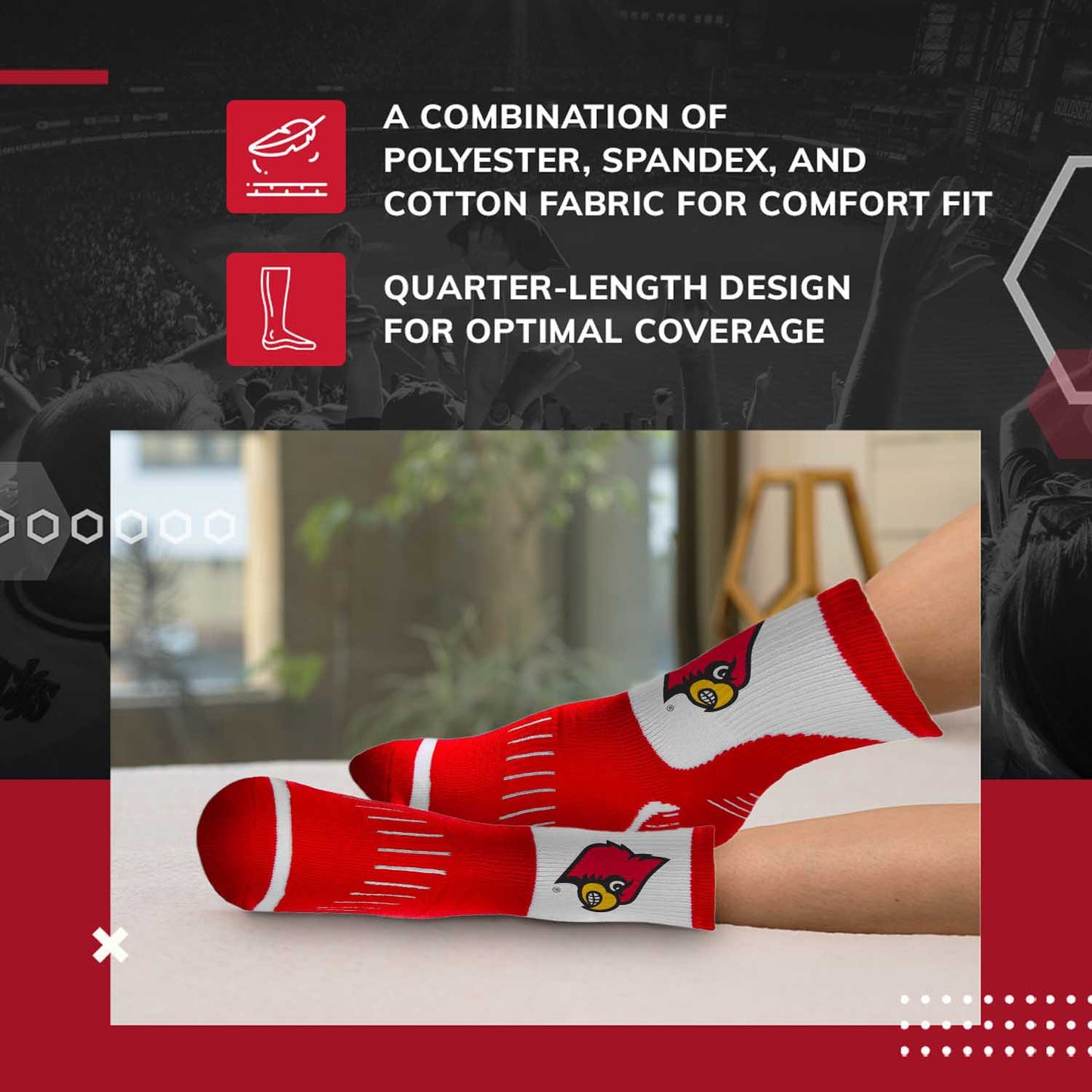 Louisville Cardinals Adult NCAA Surge Quarter Length Crew Socks - Red