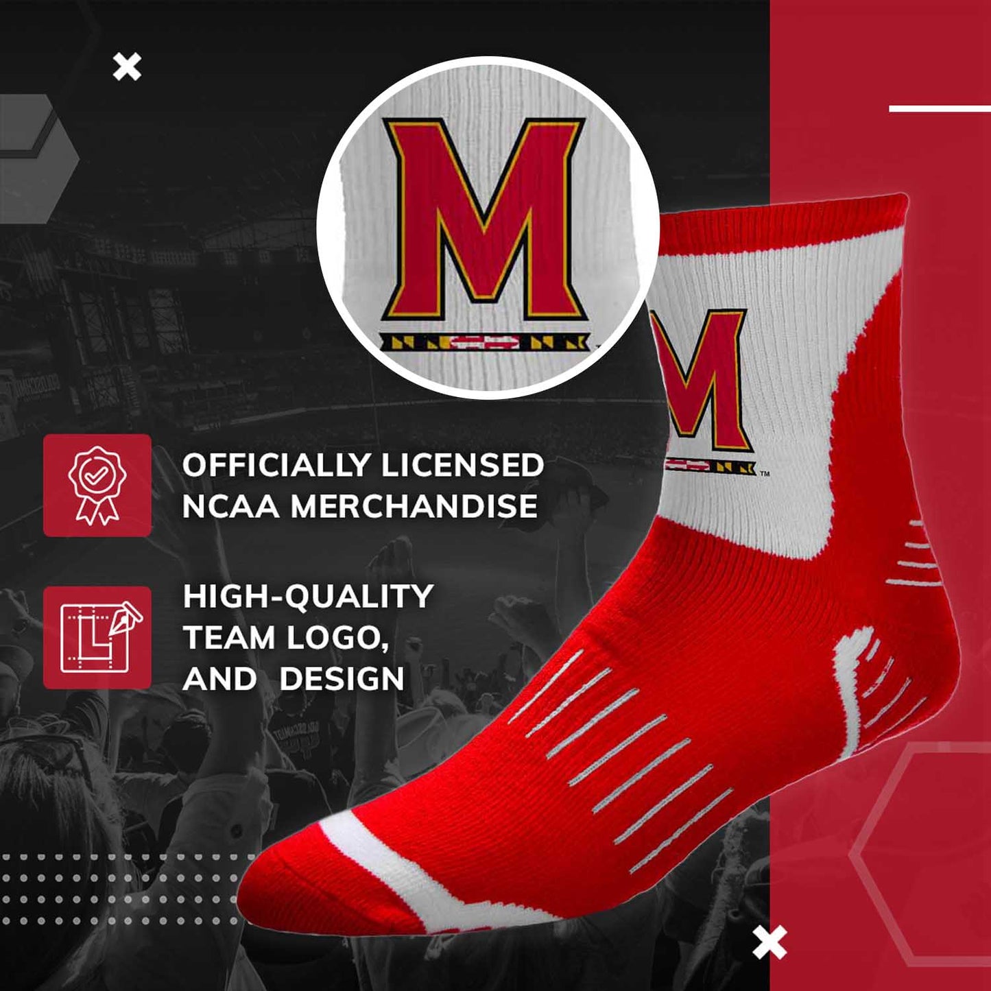 Maryland Terrapins Adult NCAA Surge Quarter Length Crew Socks - Red