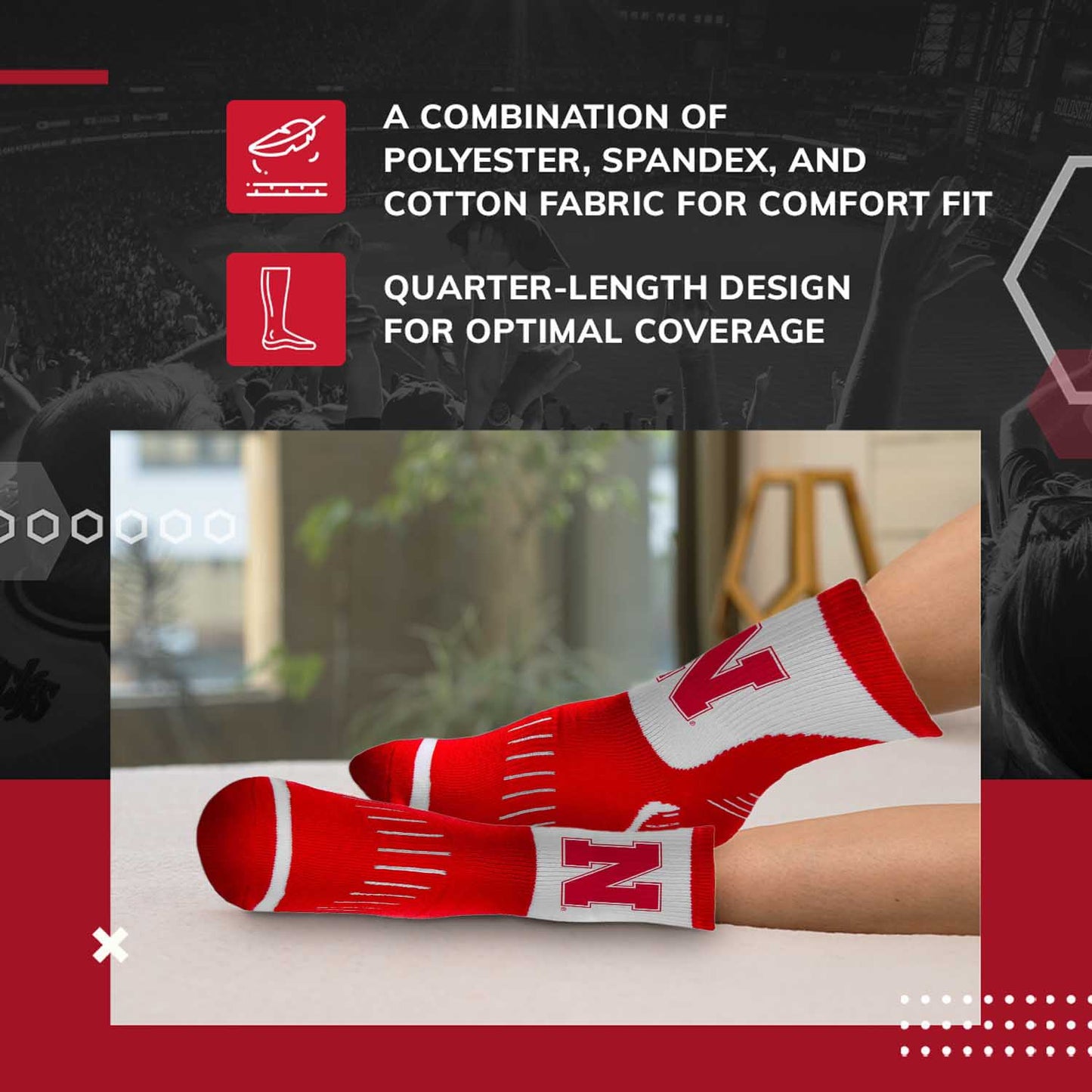 Nebraska Cornhuskers Adult NCAA Surge Quarter Length Crew Socks - Red
