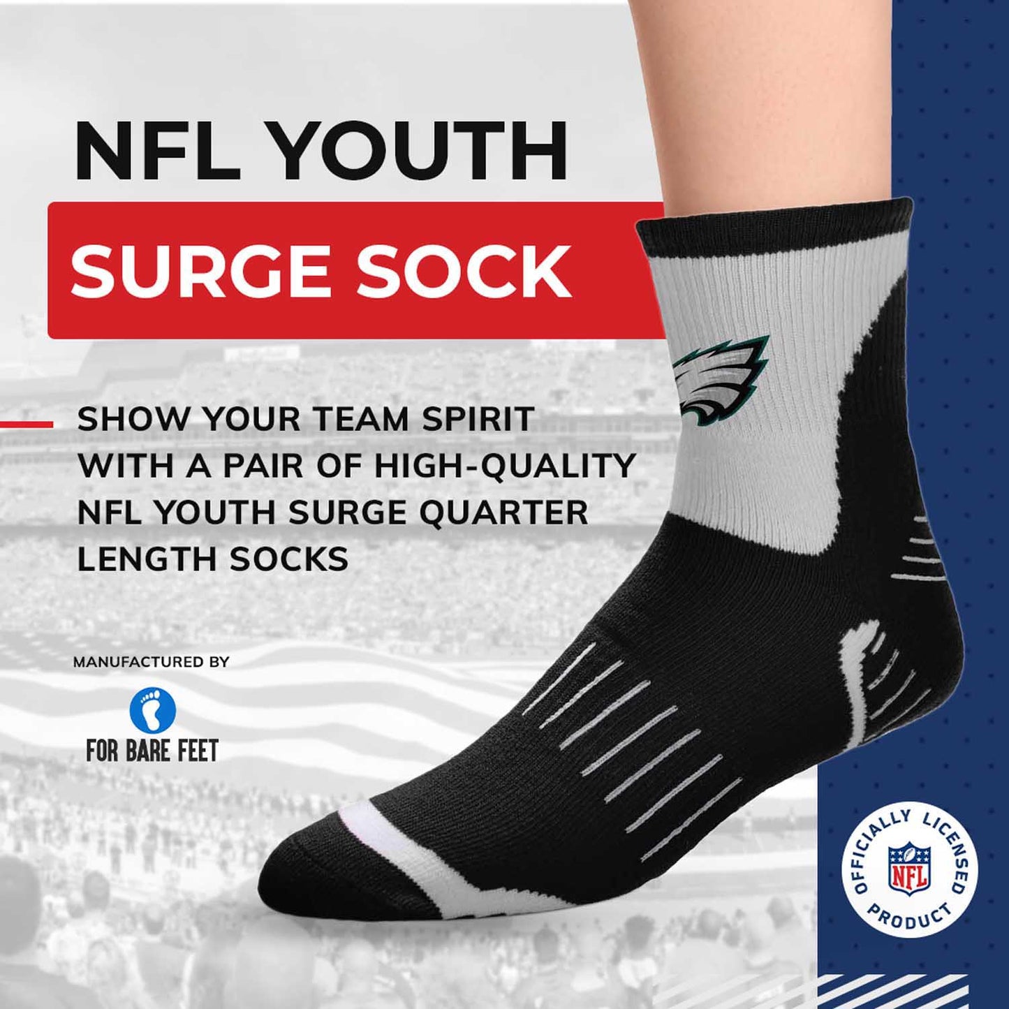 Philadelphia Eagles NFL Youth Performance Quarter Length Socks - Black