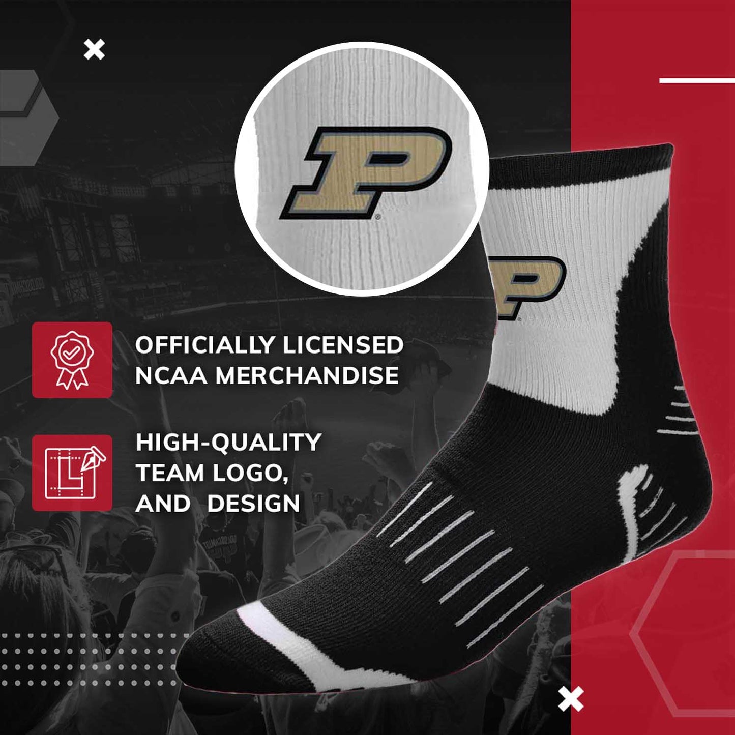 Purdue Boilermakers Adult NCAA Surge Quarter Length Crew Socks - Black