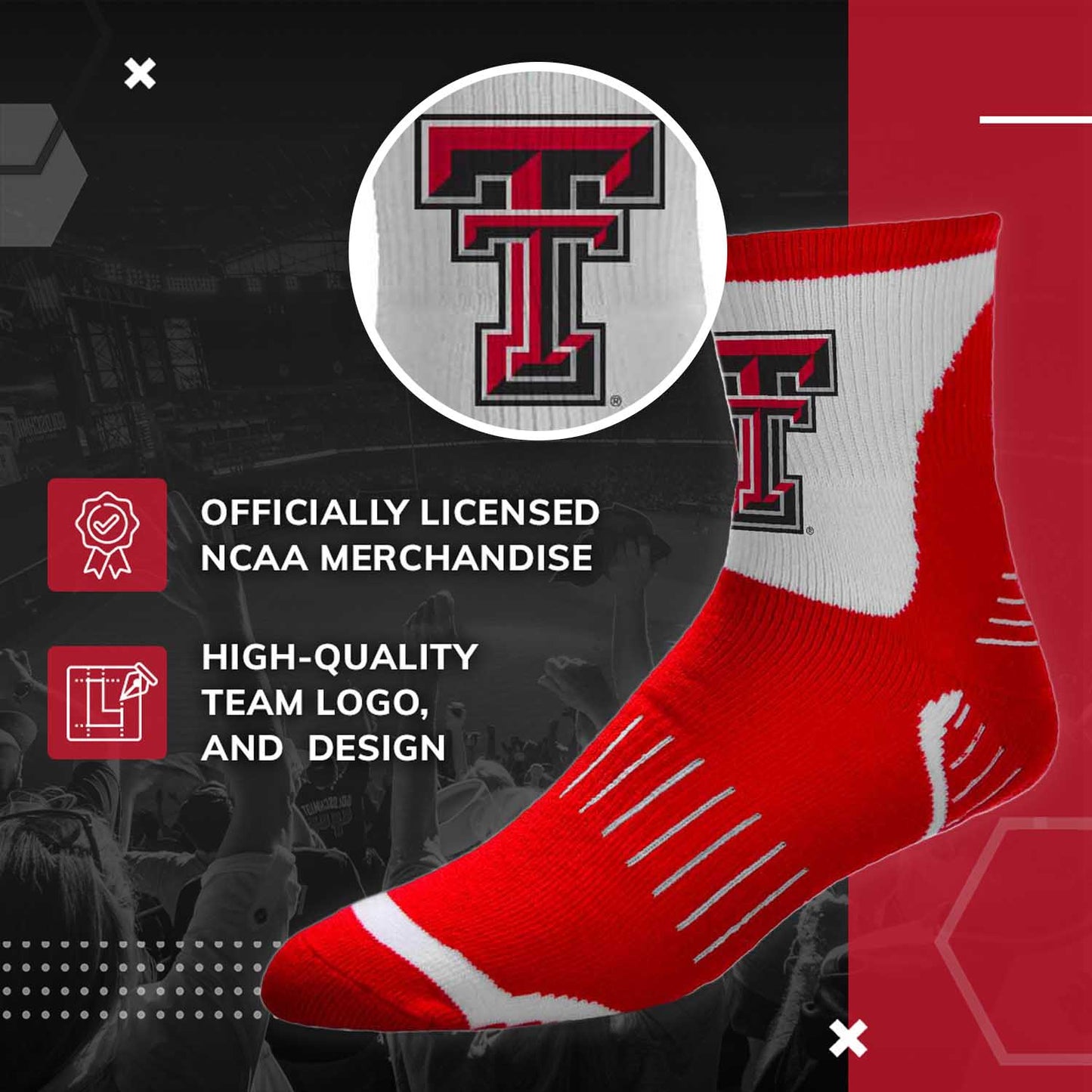 Texas Tech Red Raiders Adult NCAA Surge Quarter Length Crew Socks - Red