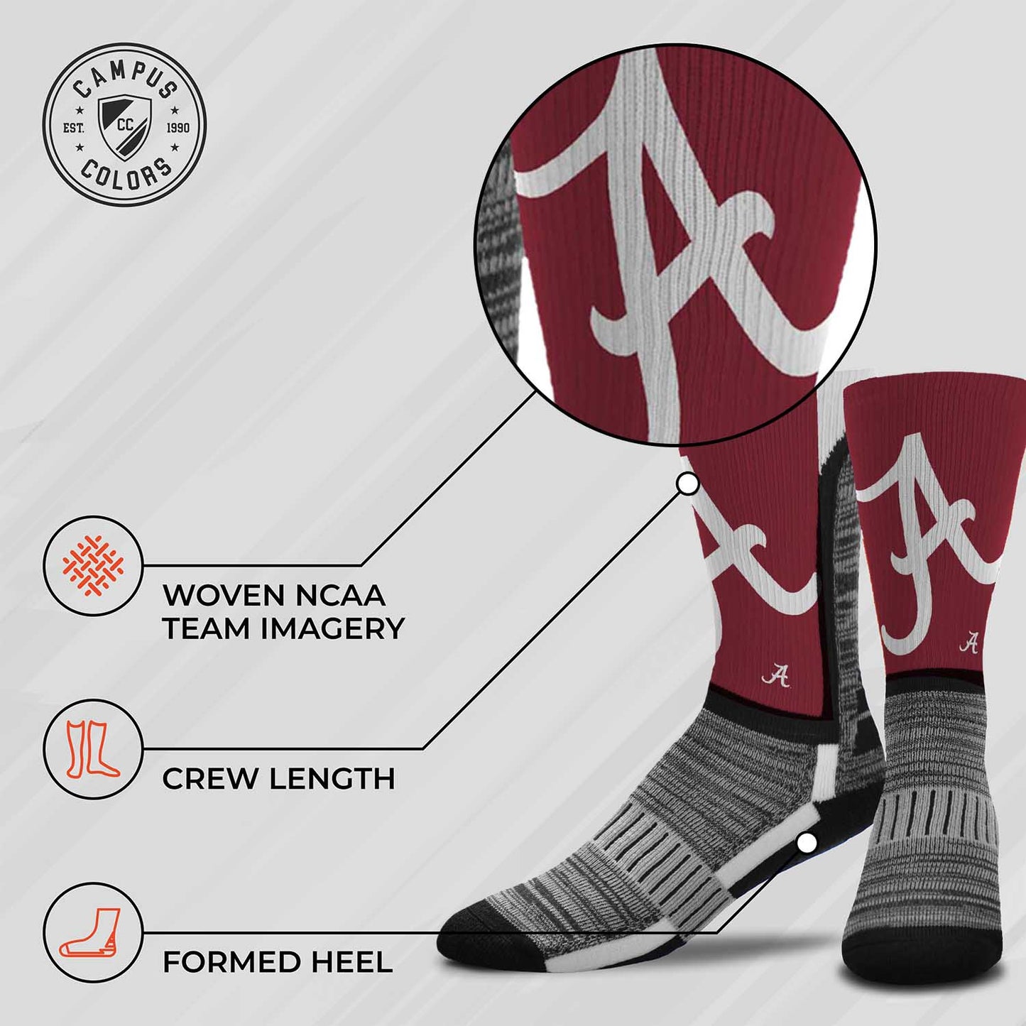 Alabama Crimson Tide NCAA Adult State and University Crew Socks - Crimson