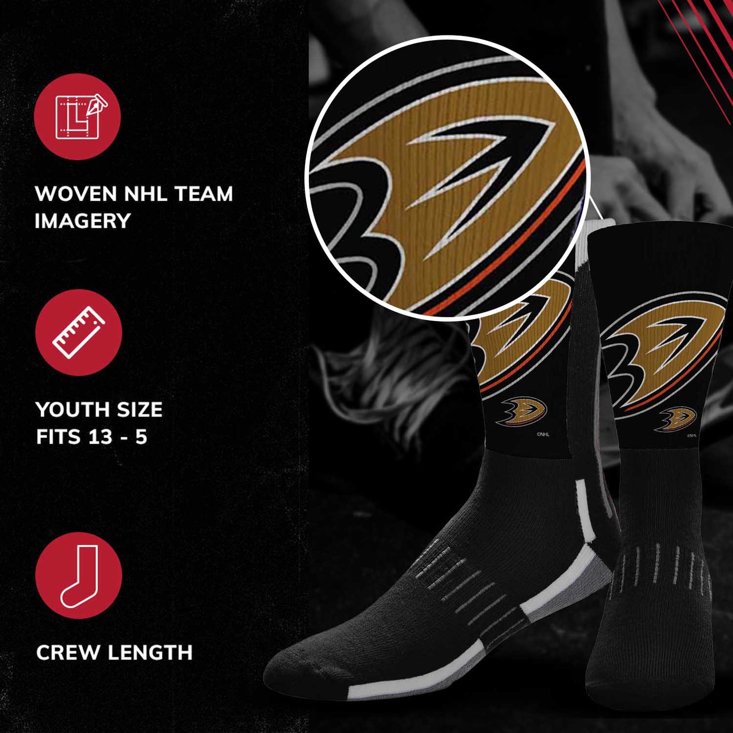 Anaheim Ducks Adult NHL Zoom Curve Team Crew Socks - Black