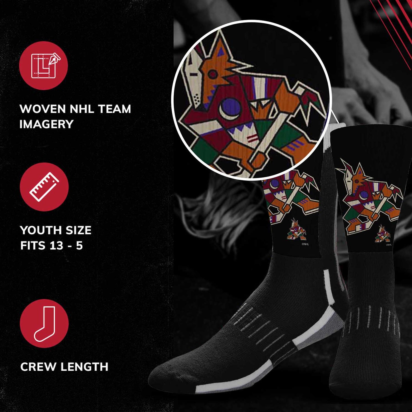 Arizona Coyotes Adult NHL Zoom Curve Team Crew Socks - Black