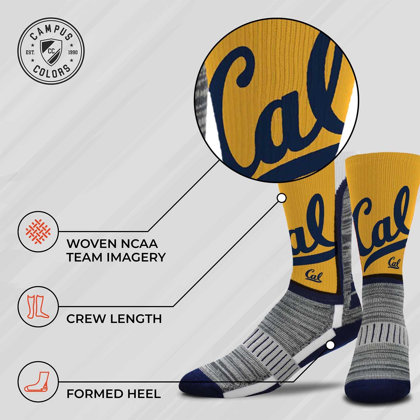Cal Golden Bears NCAA Adult State and University Crew Socks - Yellow
