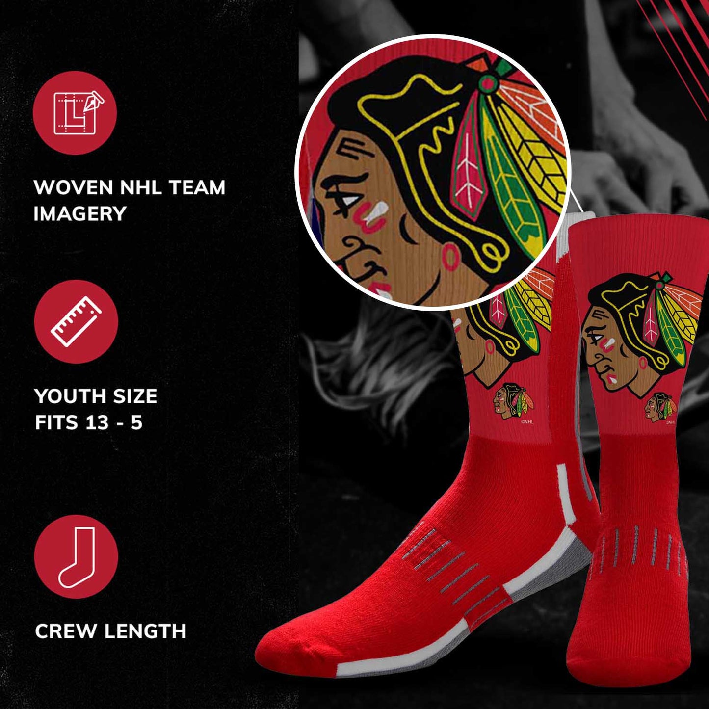 Chicago Blackhawks Youth NHL Zoom Curve Team Crew Socks - Red