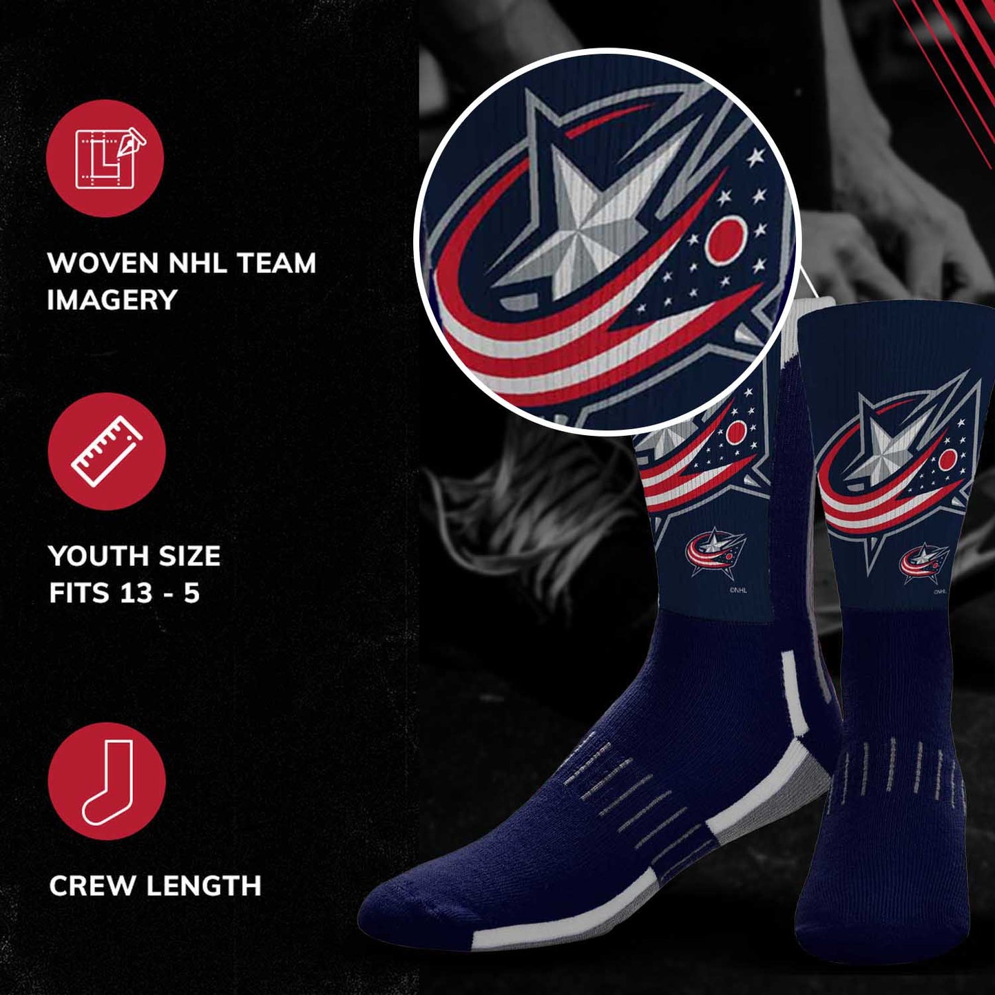 Columbus Blue Jackets Youth NHL Zoom Curve Team Crew Socks - Navy