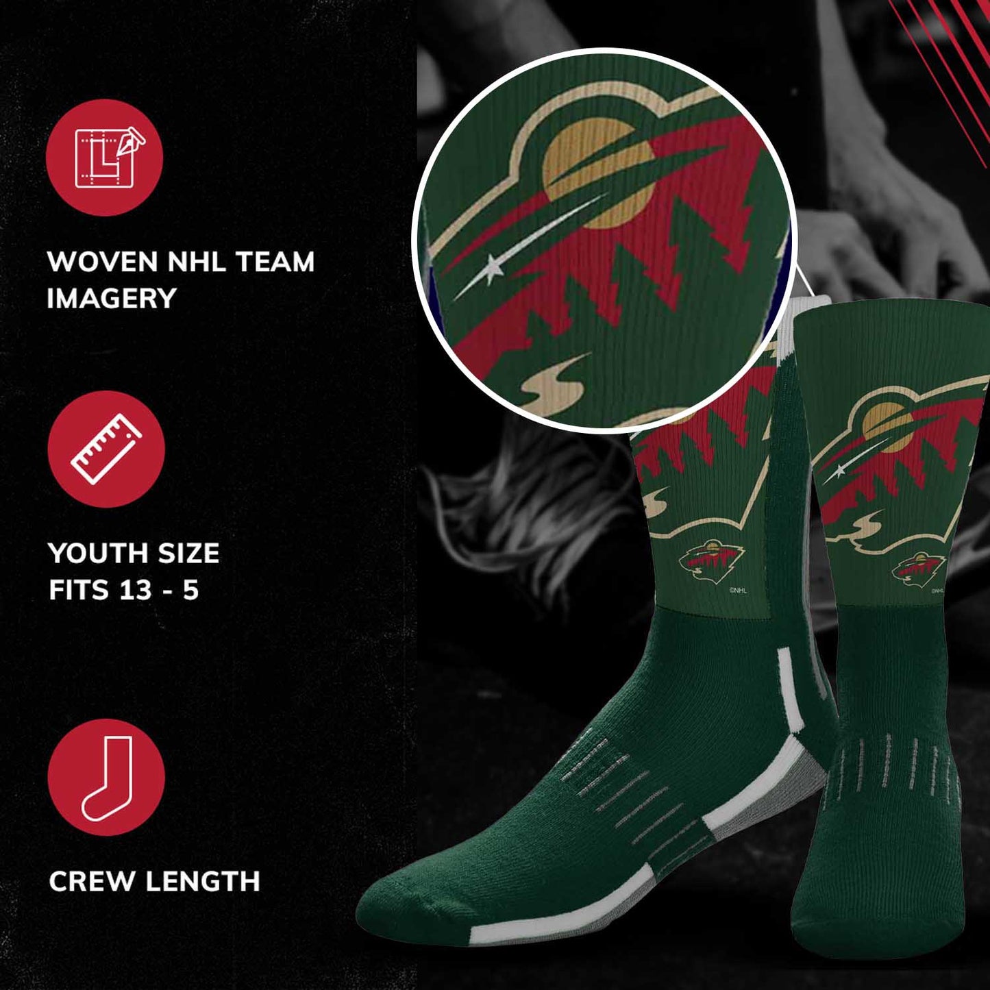 Minnesota Wild Youth NHL Zoom Curve Team Crew Socks - Green