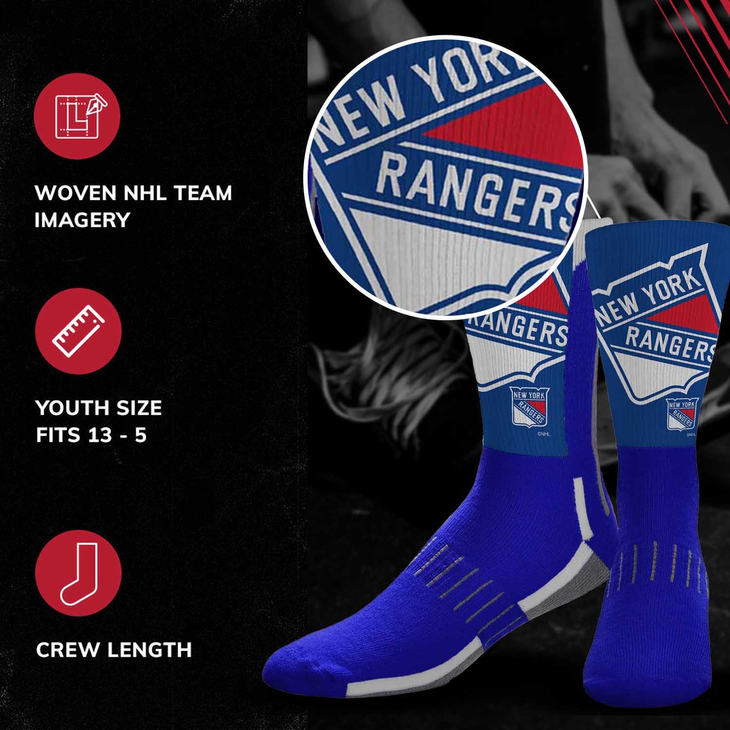 New York Rangers Youth NHL Zoom Curve Team Crew Socks - Royal