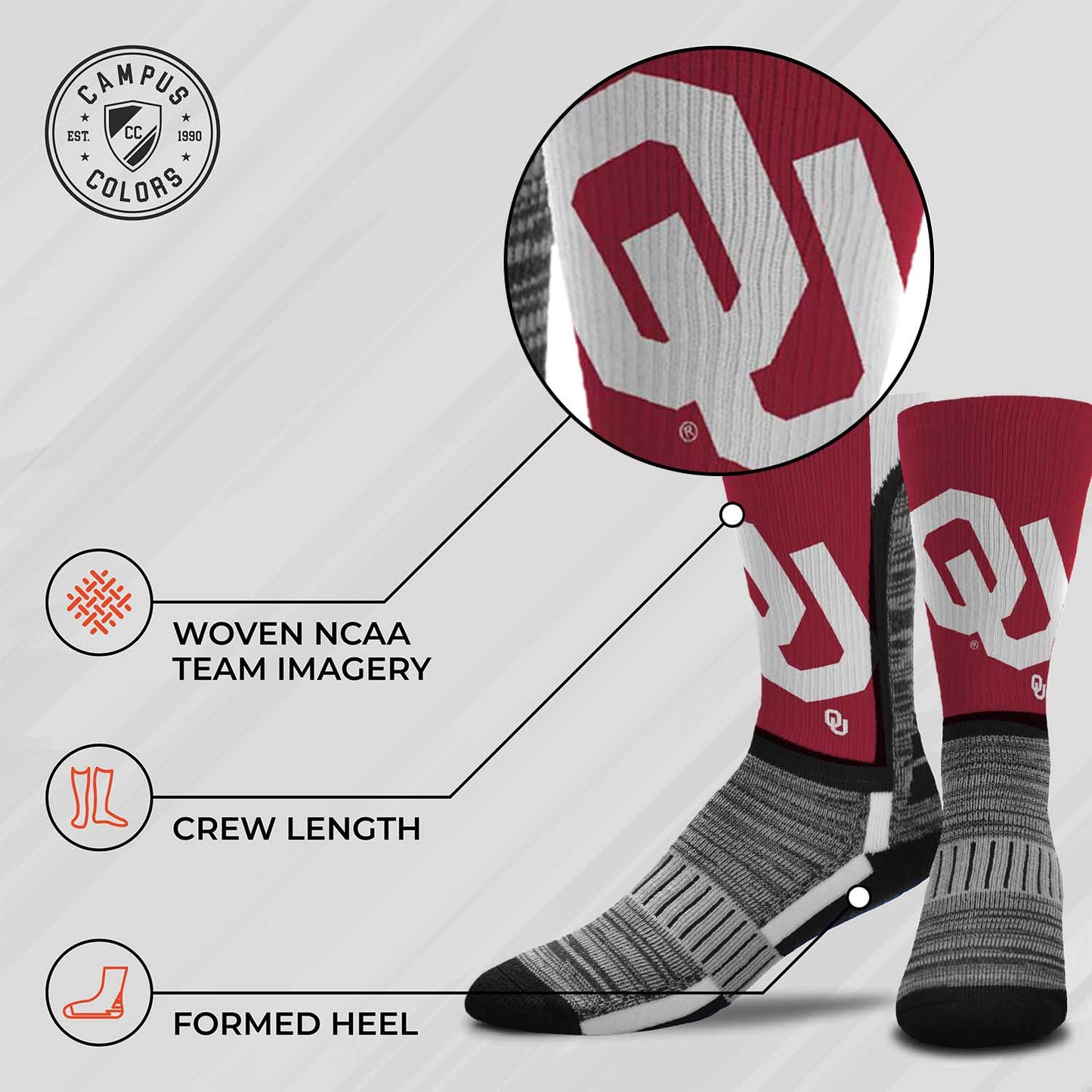 Oklahoma Sooners NCAA Adult State and University Crew Socks - Crimson