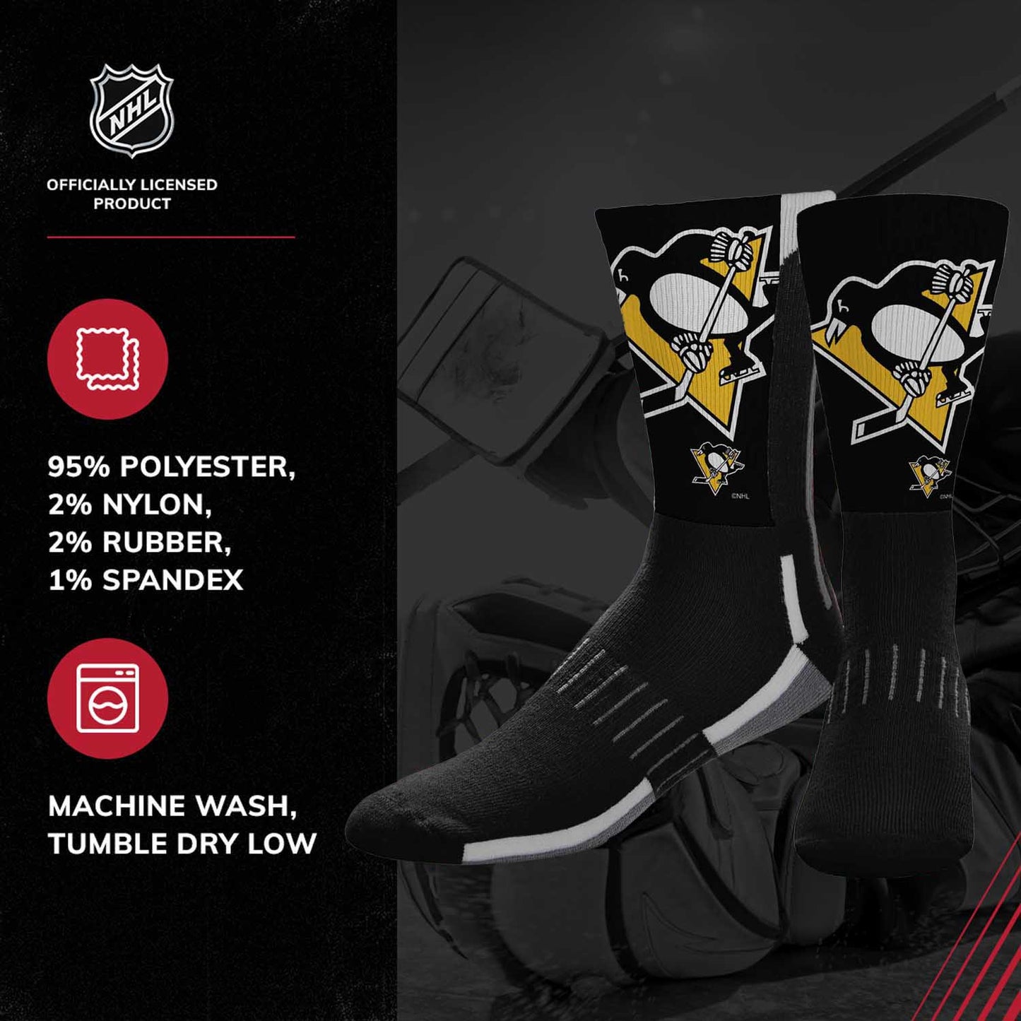 Pittsburgh Penguins Adult NHL Zoom Curve Team Crew Socks - Black