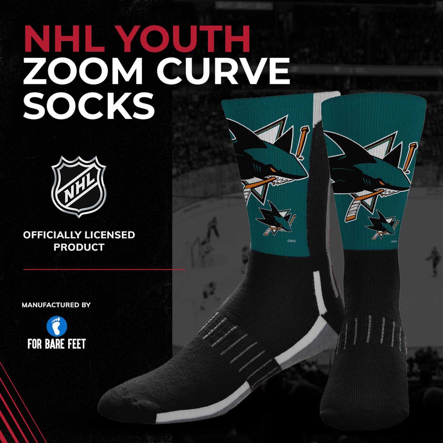 San Jose Sharks Youth NHL Zoom Curve Team Crew Socks - Black