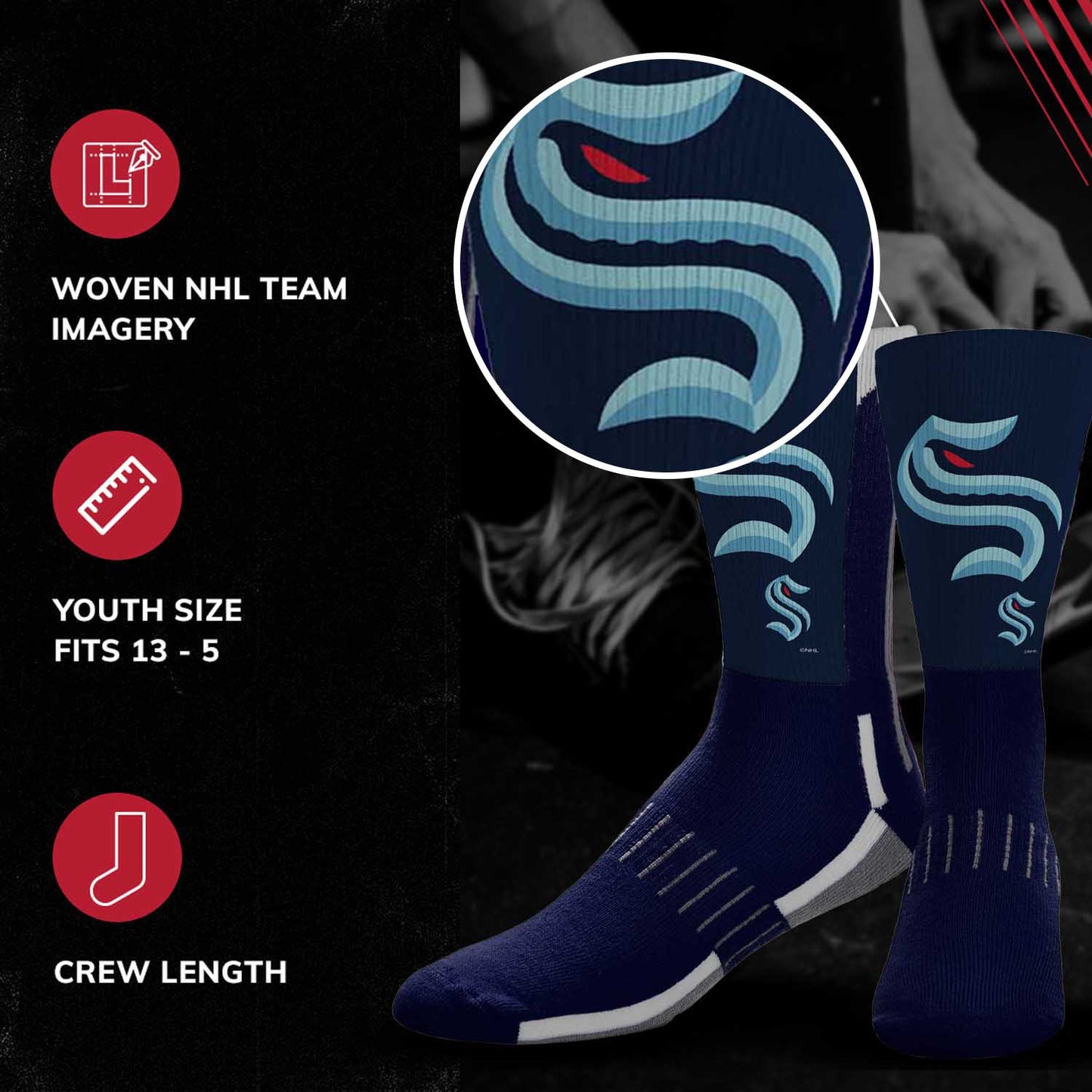Seattle Kraken Youth NHL Zoom Curve Team Crew Socks - Navy