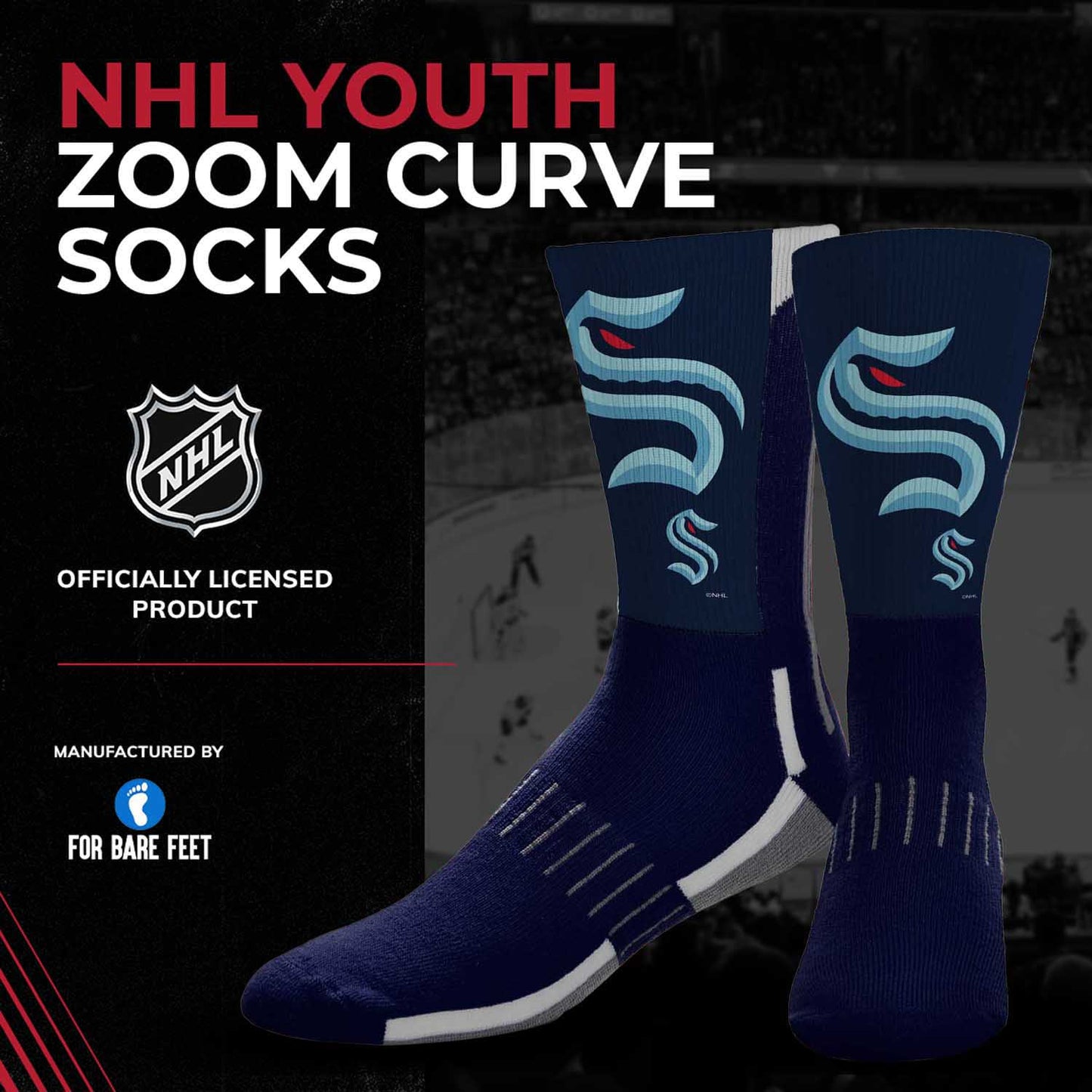 Seattle Kraken Youth NHL Zoom Curve Team Crew Socks - Navy