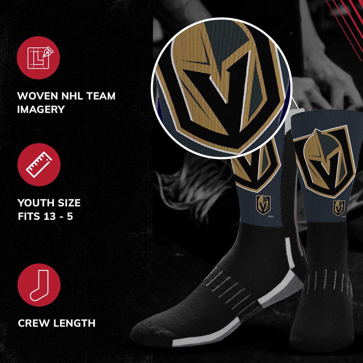 Las Vegas Golden Knights Adult NHL Zoom Curve Team Crew Socks - Black
