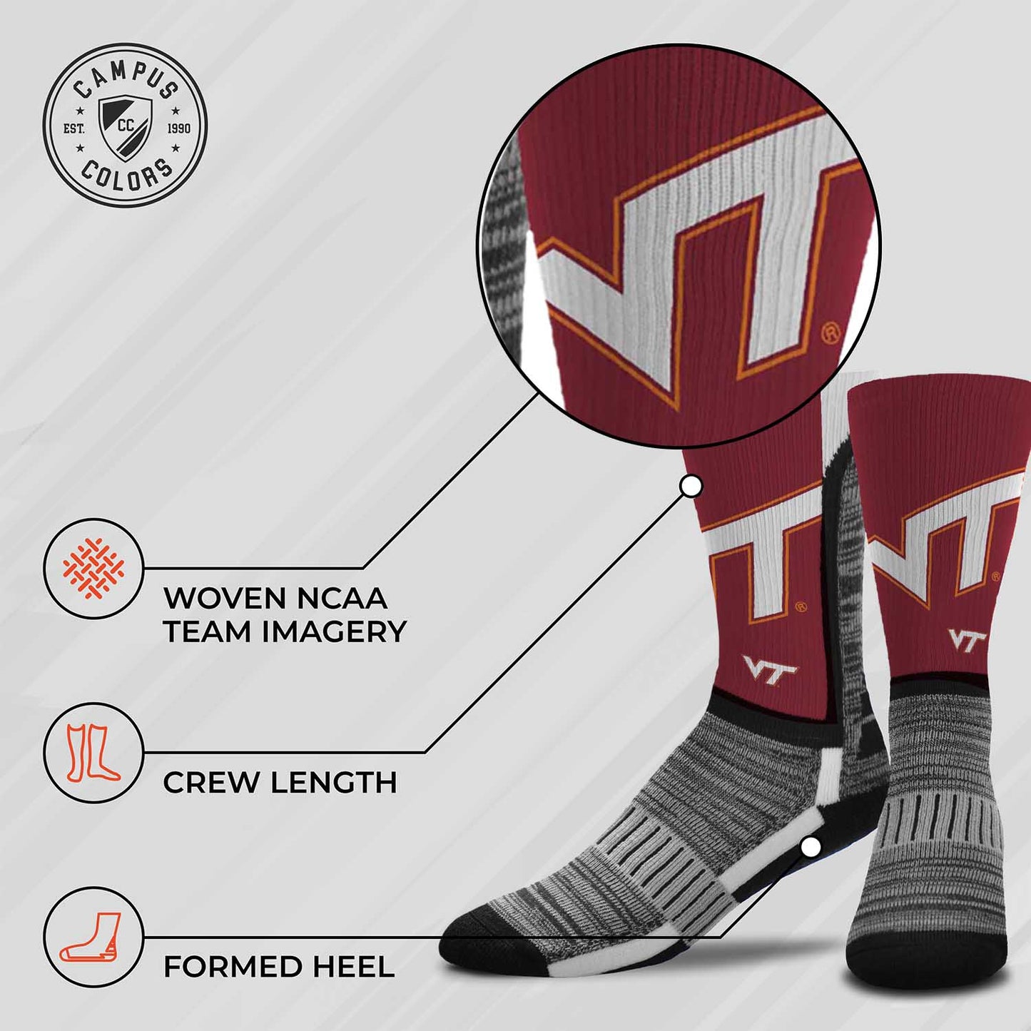 Virginia Tech Hokies NCAA Adult State and University Crew Socks - Maroon