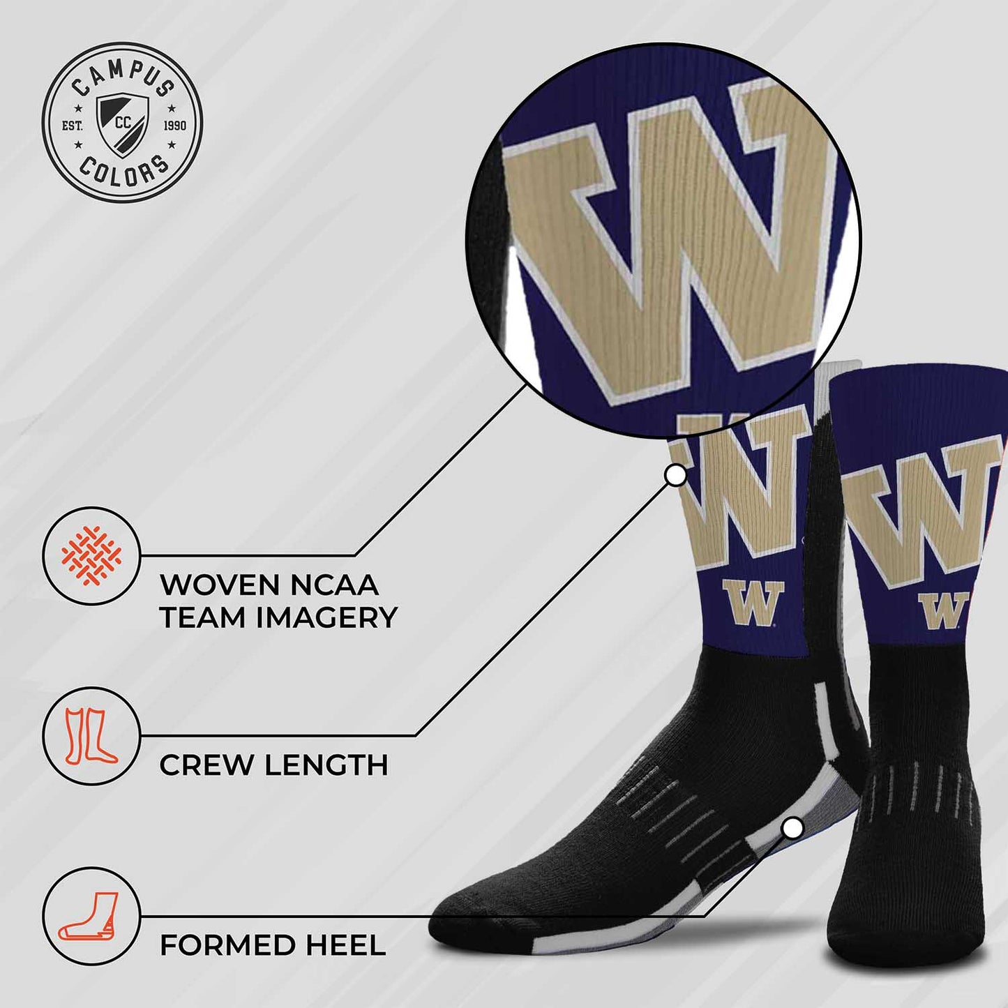 Washington Huskies NCAA Adult State and University Crew Socks - Black