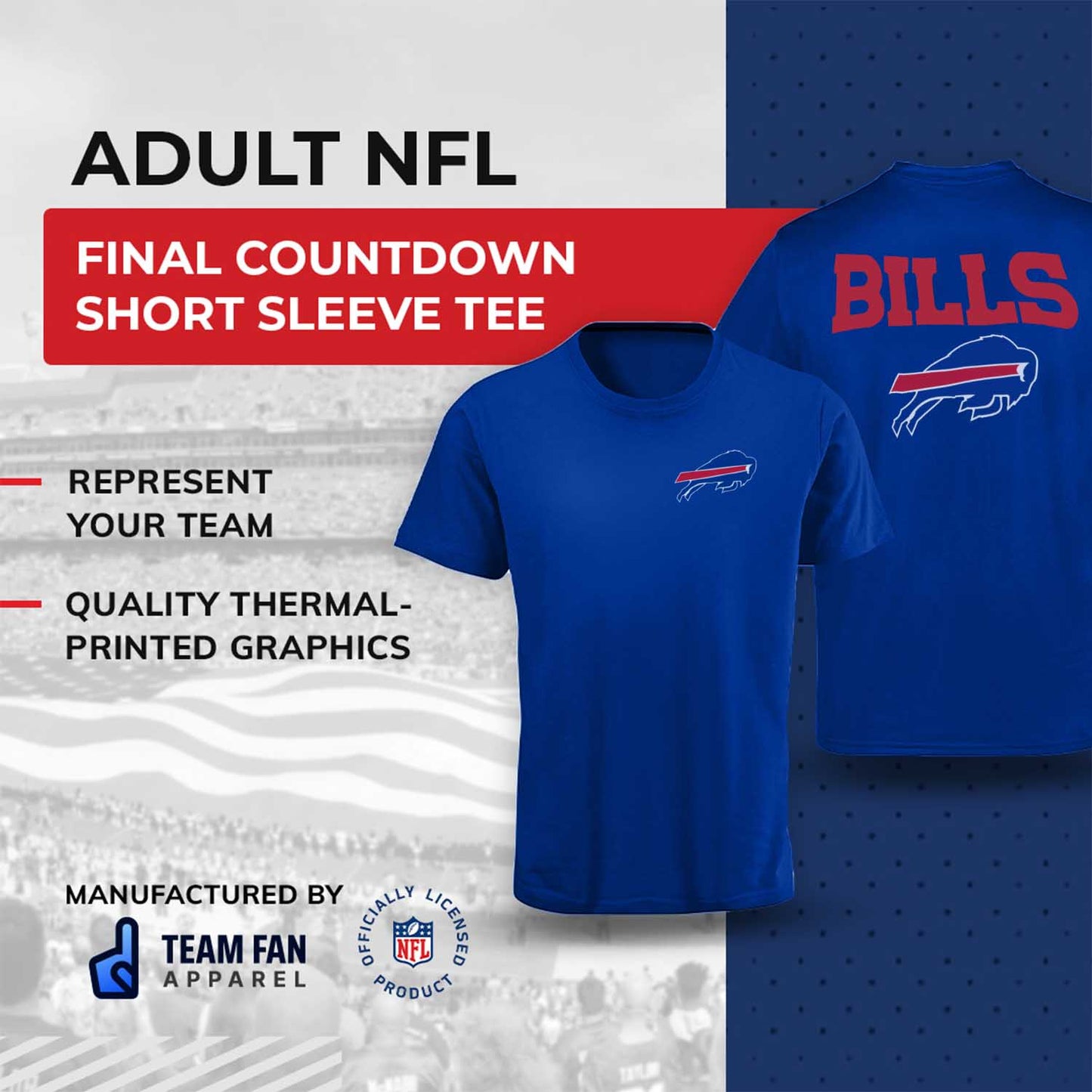 Buffalo Bills NFL Pro Football Final Countdown Adult Cotton-Poly Short Sleeved T-Shirt For Men & Women - Royal