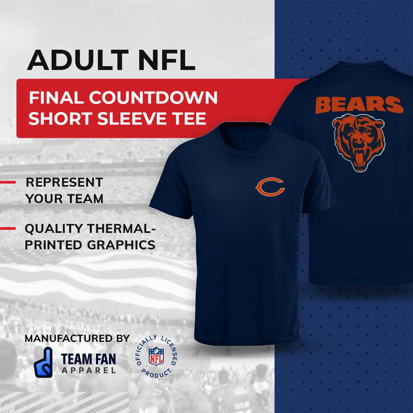 Chicago Bears NFL Pro Football Final Countdown Adult Cotton-Poly Short Sleeved T-Shirt For Men & Women - Navy