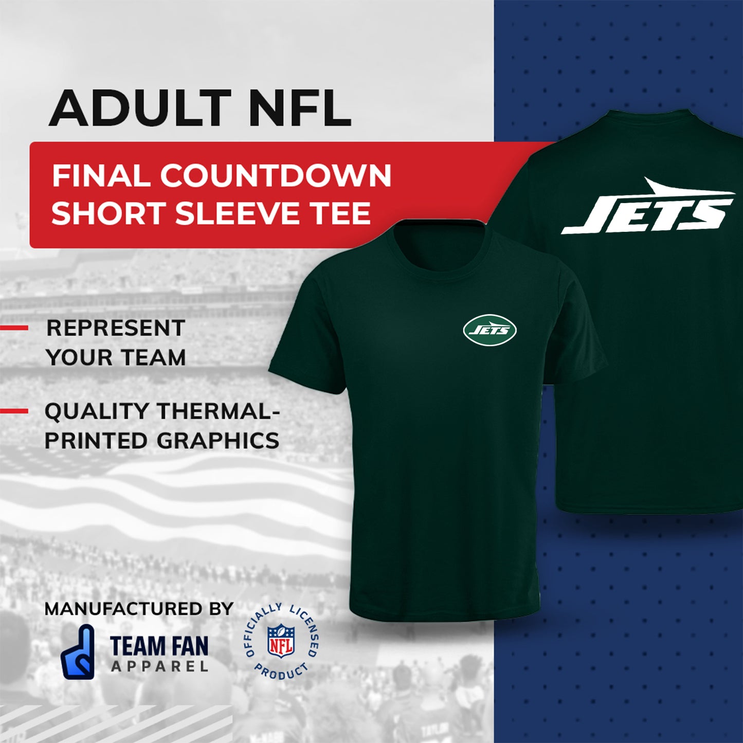 New York Jets NFL Pro Football Final Countdown Adult Cotton-Poly Short Sleeved T-Shirt For Men & Women - Green