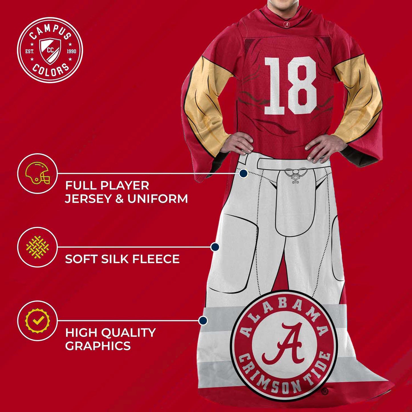 Alabama Crimson Tide NCAA Team Wearable Blanket with Sleeves - Crimson