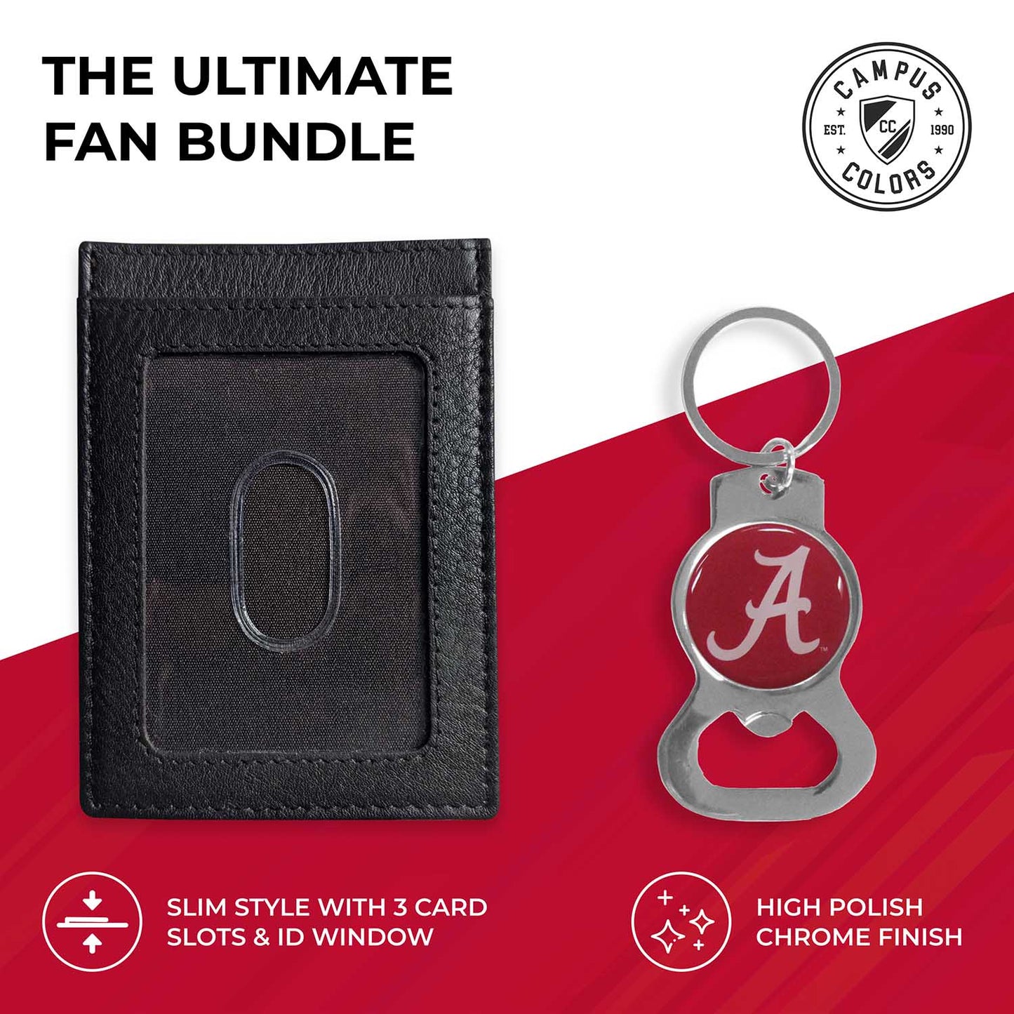Alabama Crimson Tide School Logo Leather Card/Cash Holder and Bottle Opener Keychain Bundle - Black