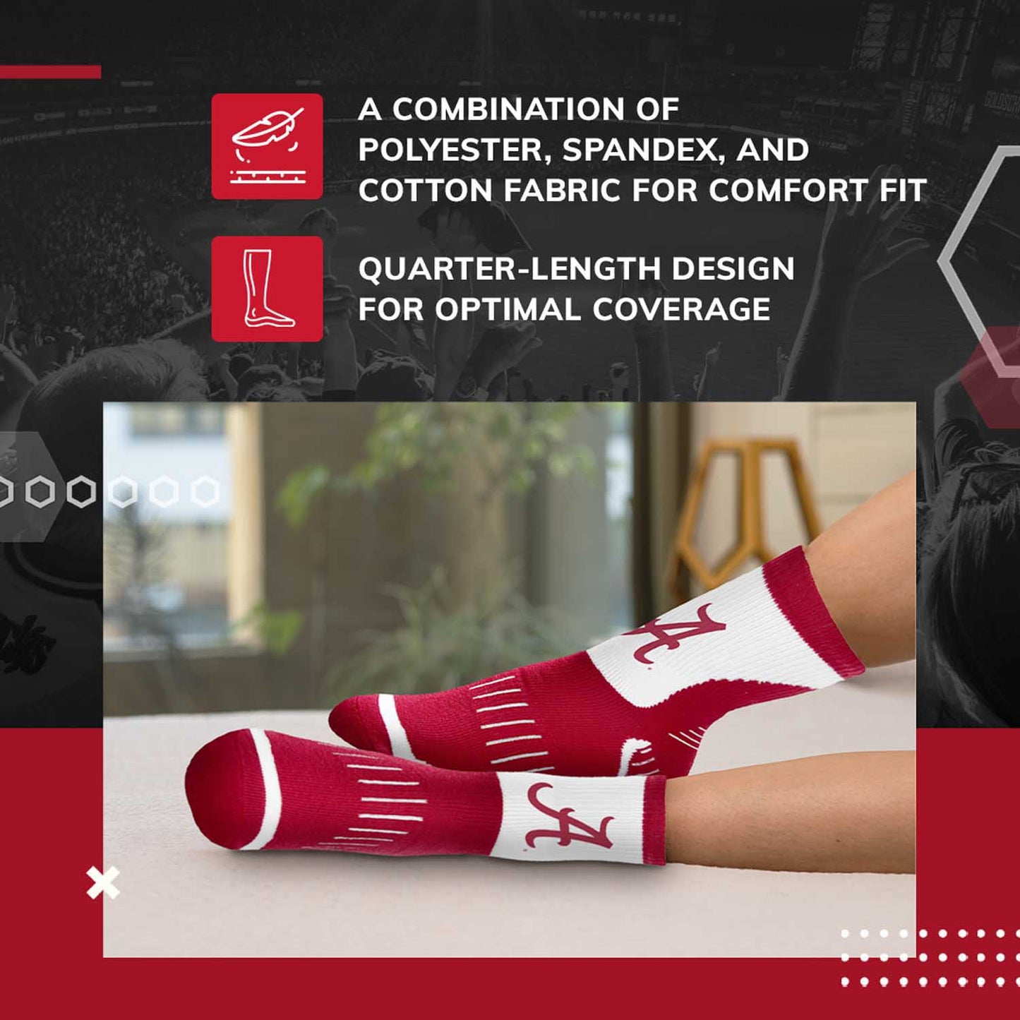 Alabama Crimson Tide Adult NCAA Surge Quarter Length Crew Socks - Crimson