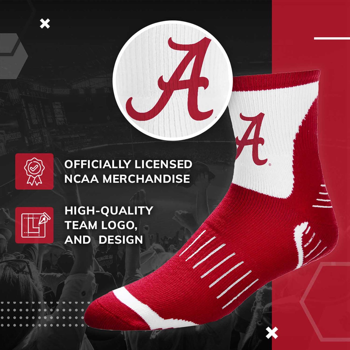 Alabama Crimson Tide Adult NCAA Surge Quarter Length Crew Socks - Crimson