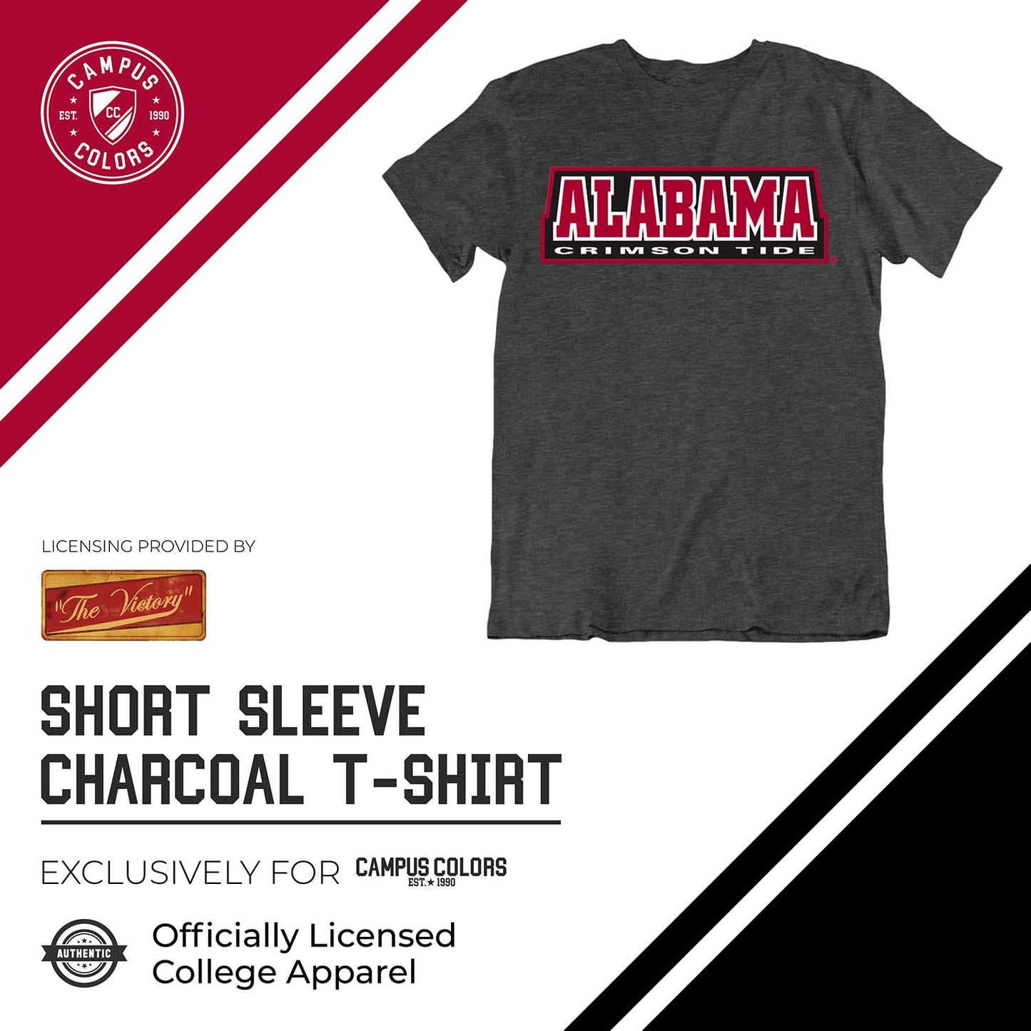 Alabama Crimson Tide Campus Colors NCAA Adult Cotton Blend Charcoal Tagless T-Shirt - Charcoal