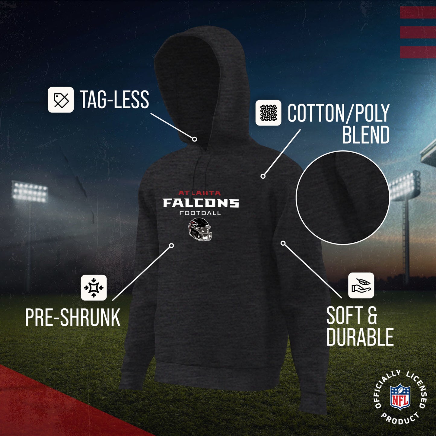 Atlanta Falcons Adult NFL Football Helmet Heather Hooded Sweatshirt  - Charcoal