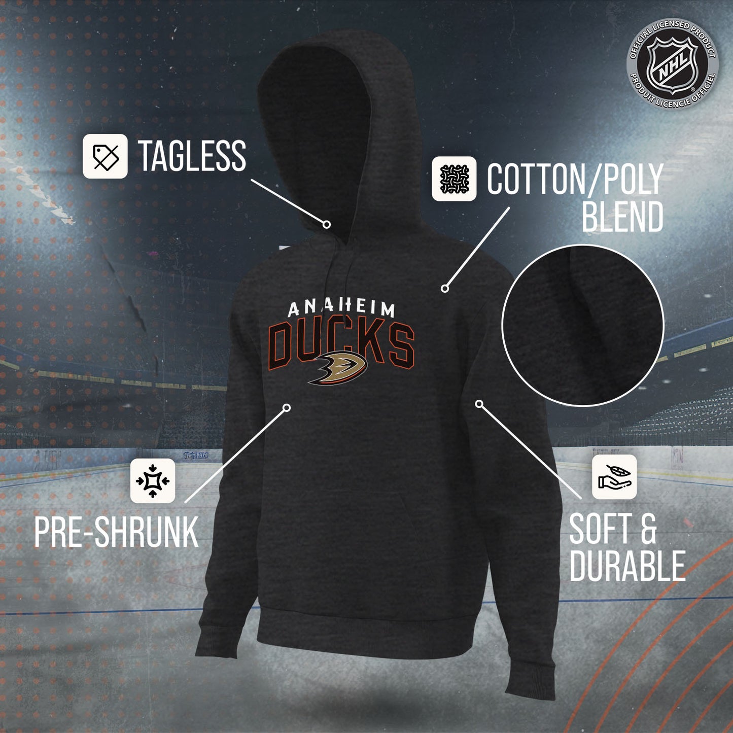 Anaheim Ducks NHL Adult Unisex Powerplay Hooded Sweatshirt - Black Heather