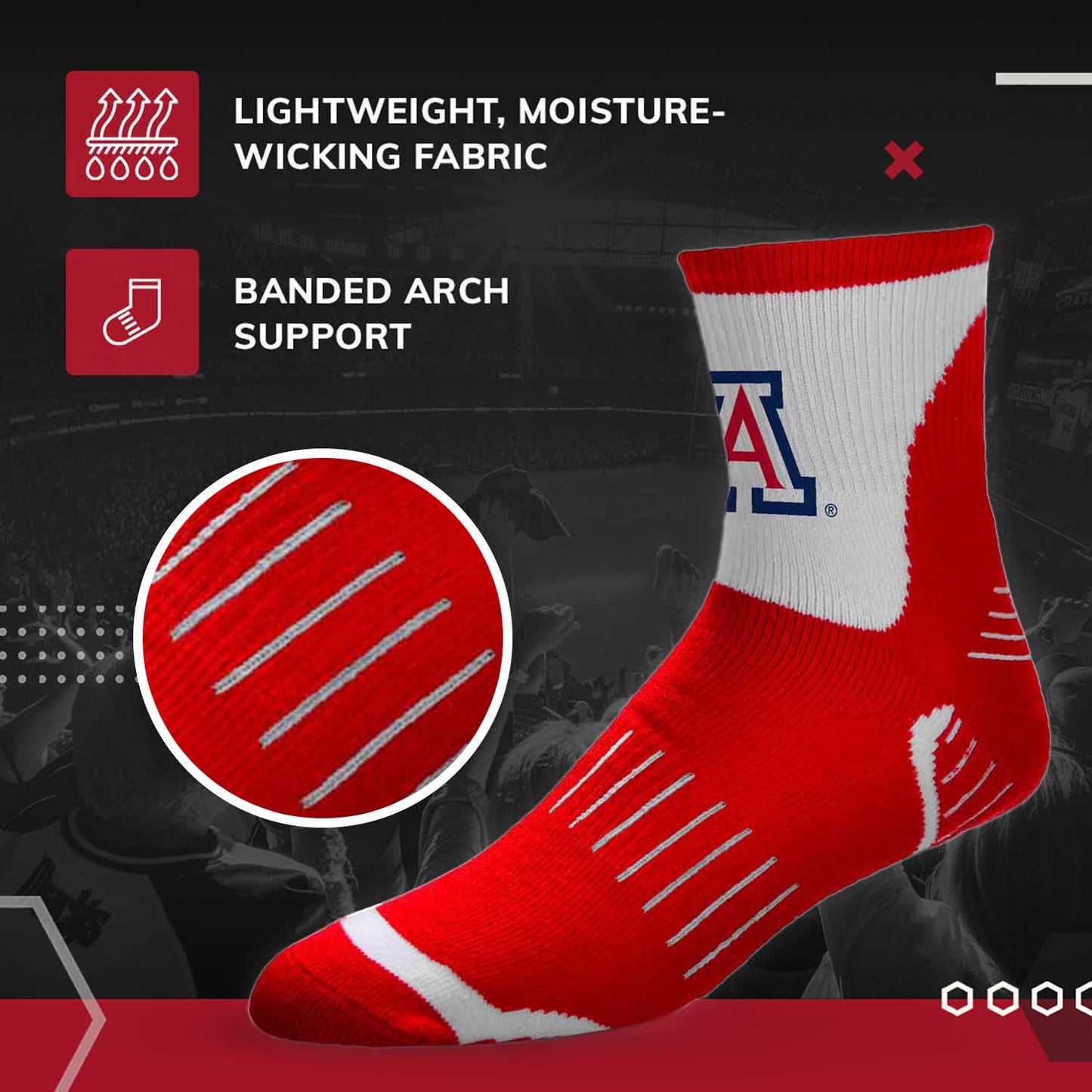 Arizona Wildcats Adult NCAA Surge Quarter Length Crew Socks - Red