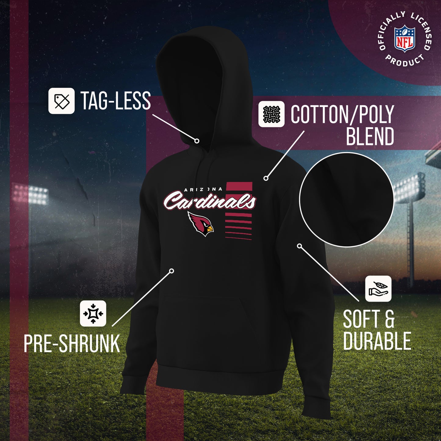Arizona Cardinals NFL Adult Unisex Retro Script Ultra Soft Fleece Hooded Sweatshirt - Black