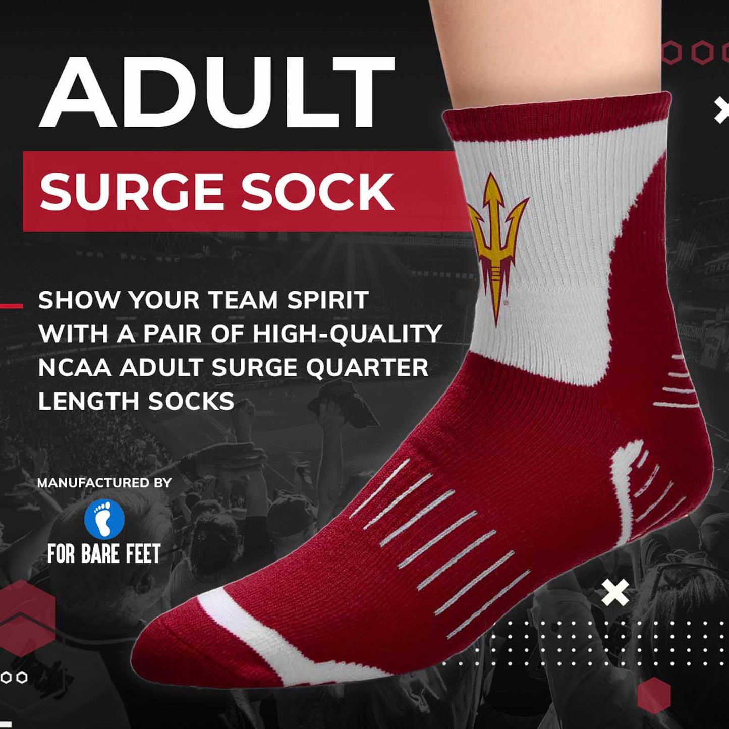 Arizona State Sun Devils Adult NCAA Surge Quarter Length Crew Socks - Maroon