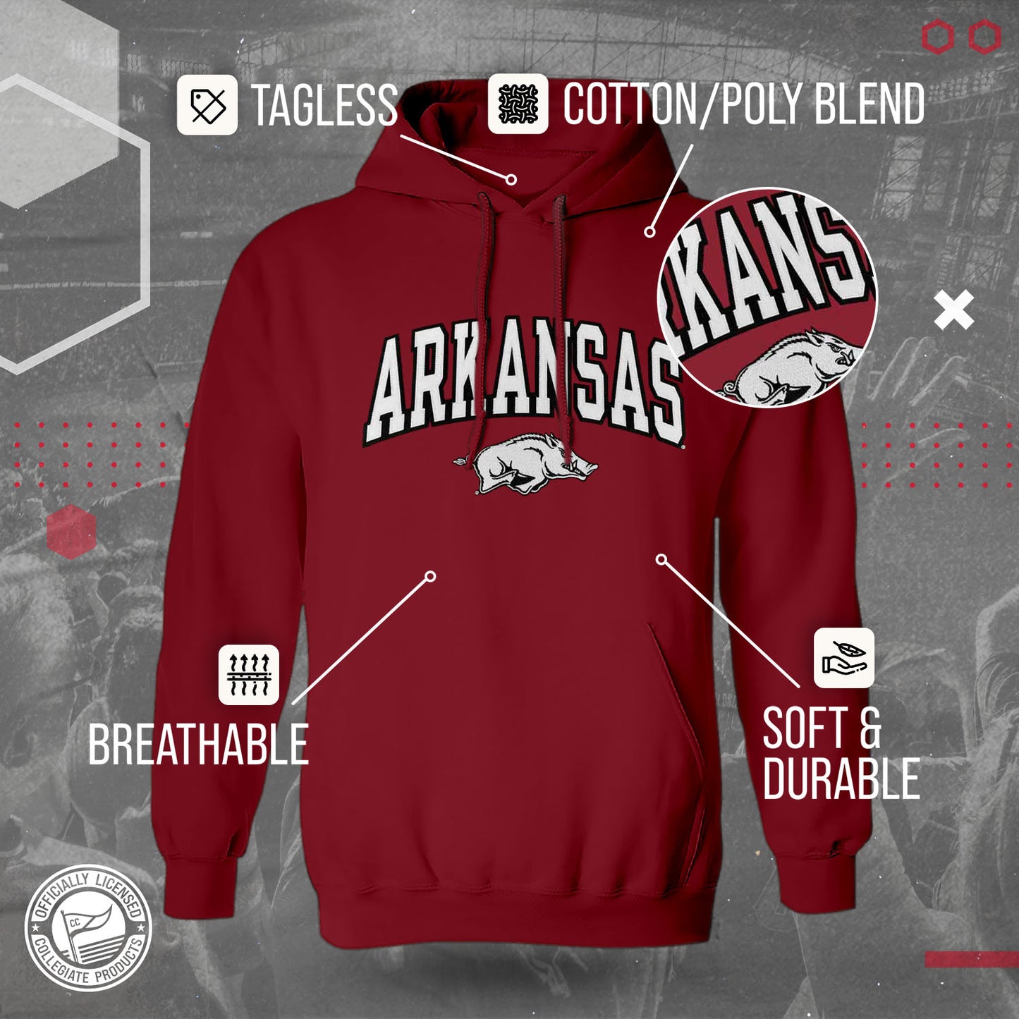 Arkansas Razorbacks NCAA Adult Tackle Twill Hooded Sweatshirt - Cardinal